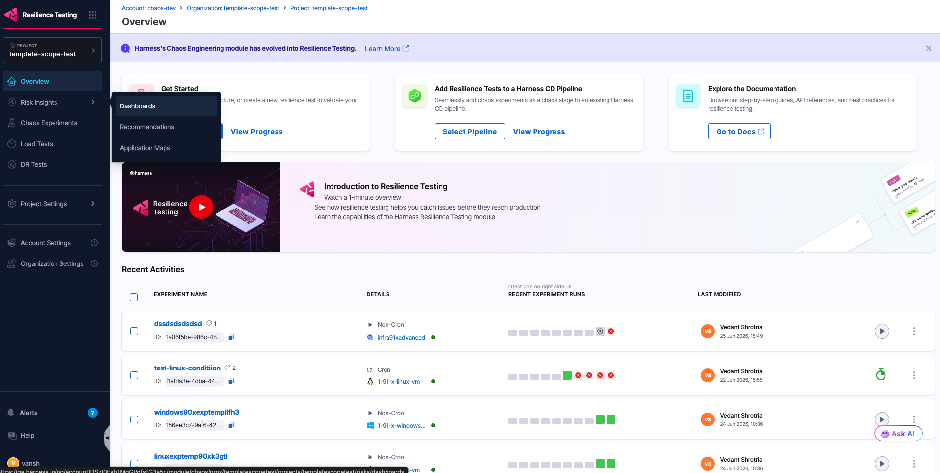 The Dashboards page under Risk Insights in the RT module