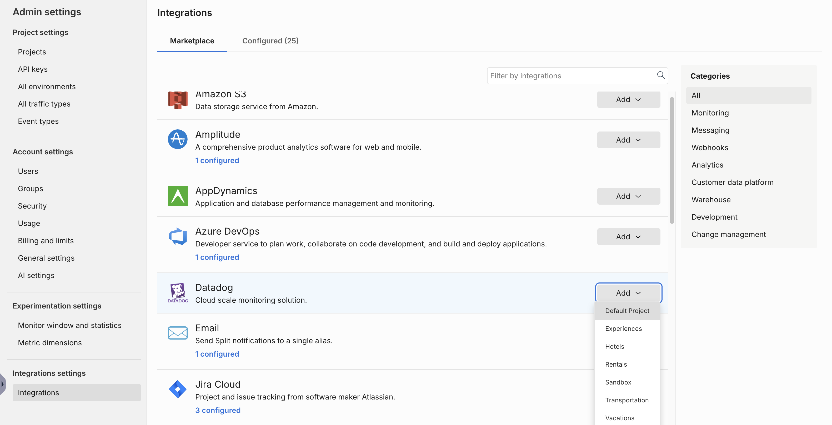 Integrations page in Harness FME