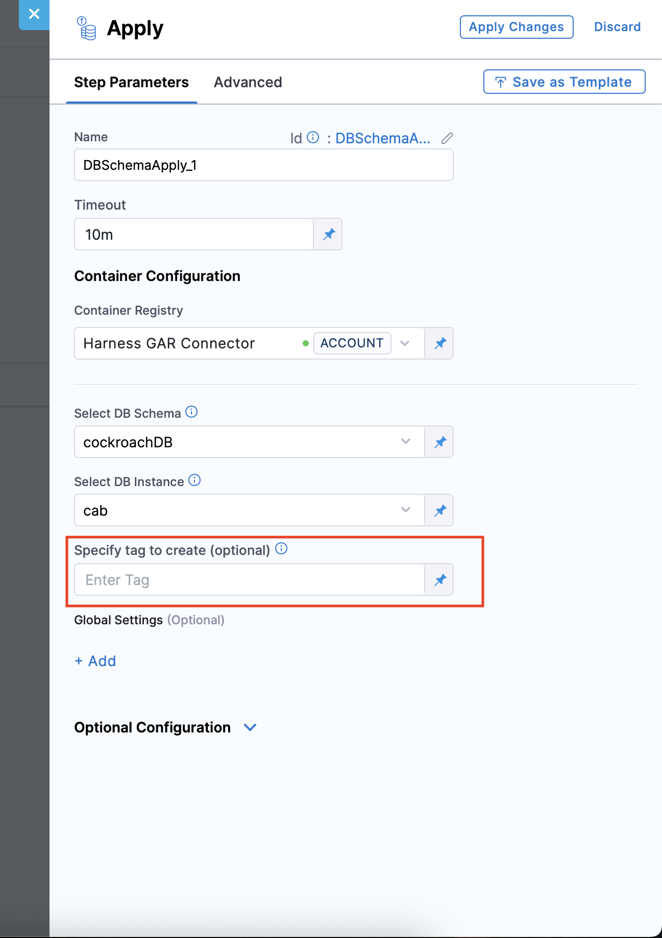 Tag input field on the Harness Database DevOps apply step" title="Click to view full size