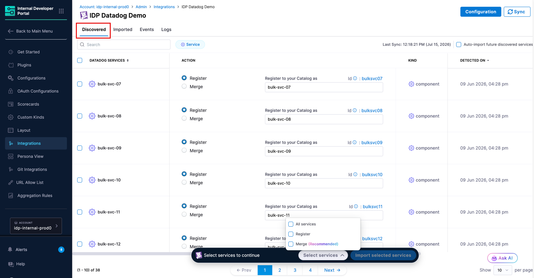 Discovered tab showing Discovering Services state