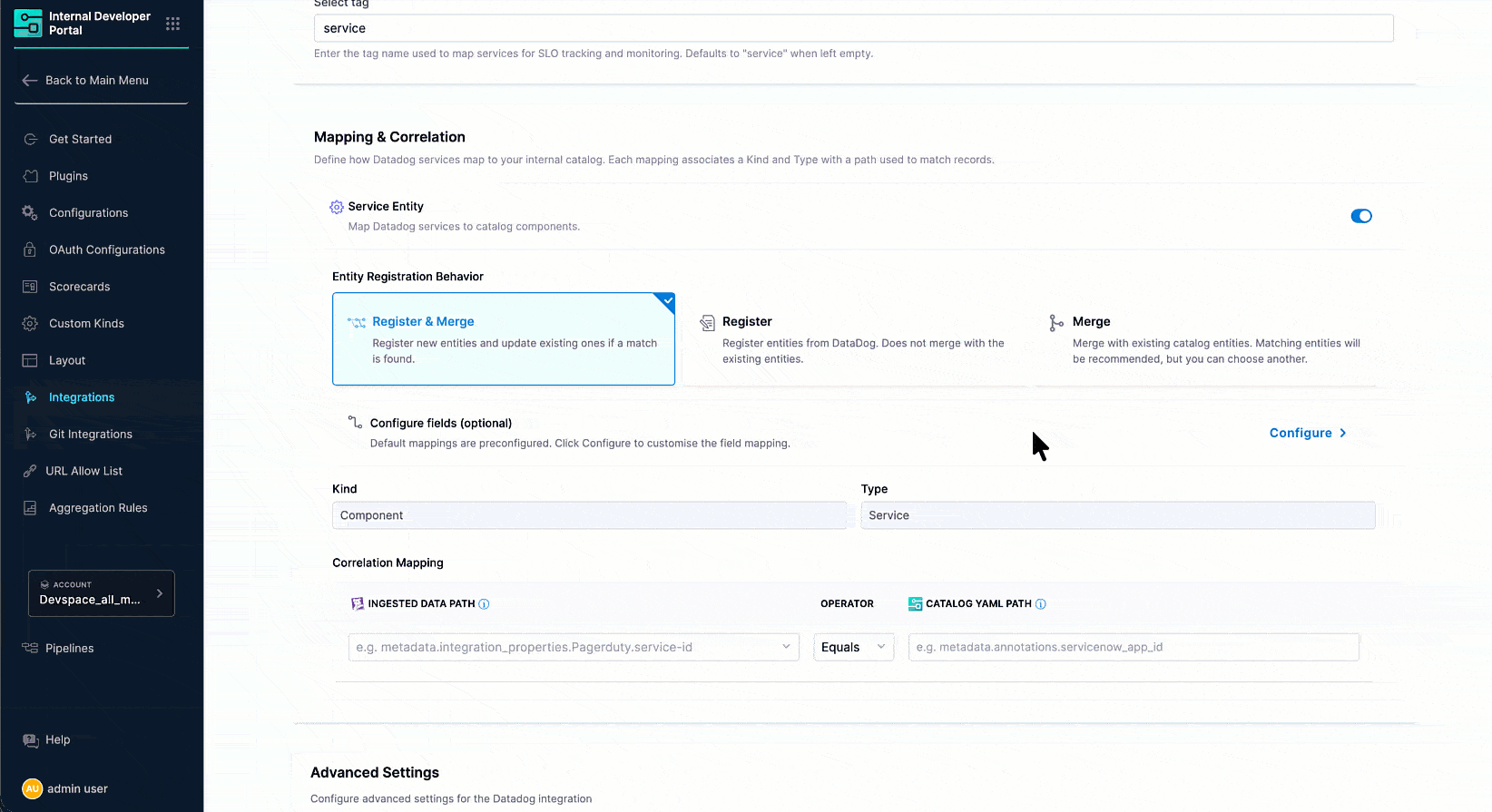 Configure Datadog service fields panel