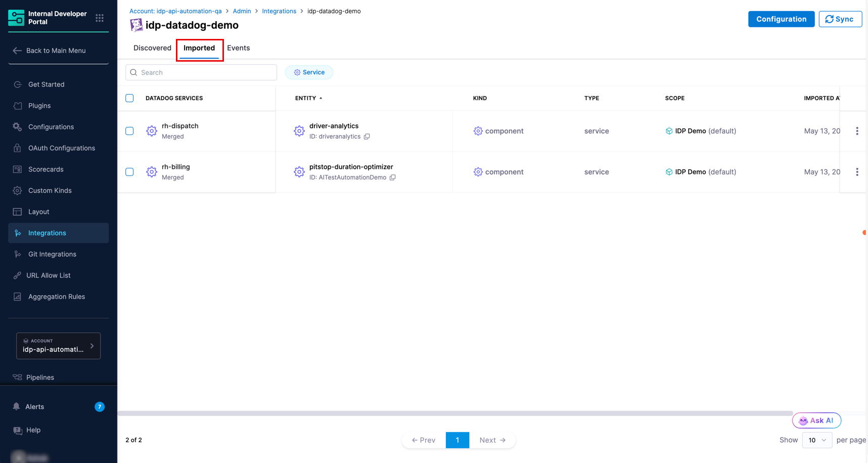 Imported tab showing Datadog services linked to catalog entities