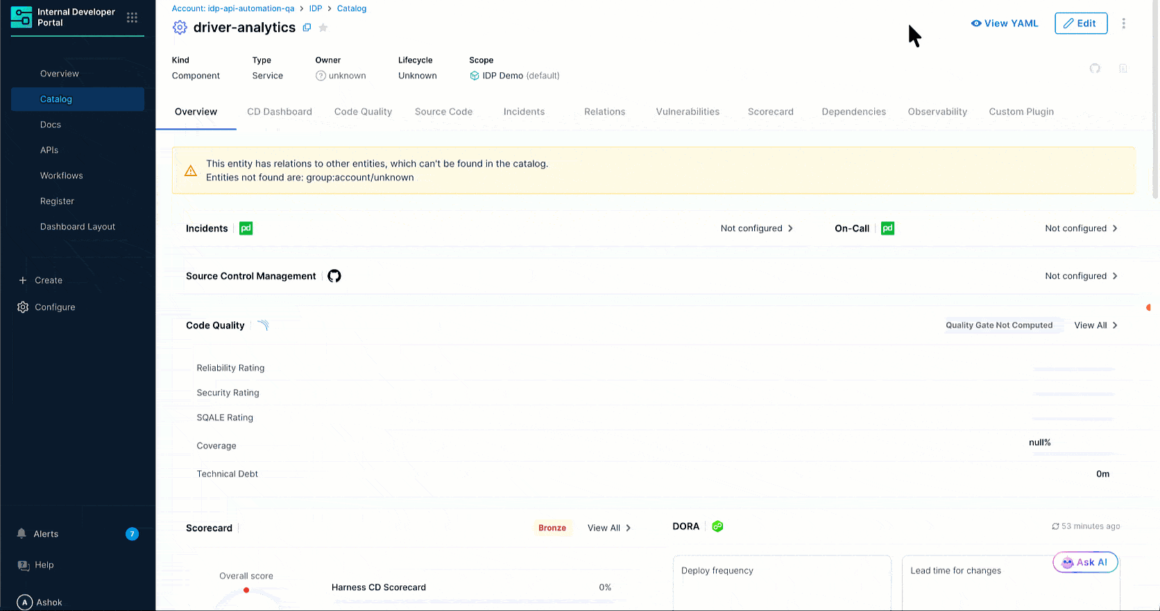 Entity Inspector showing Datadog ingested properties