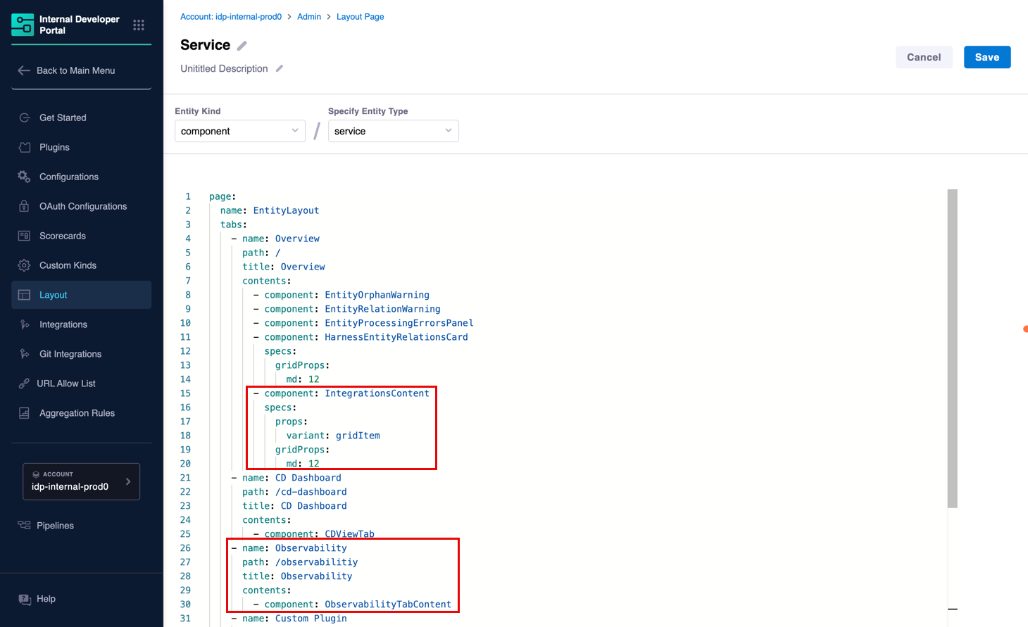 Entity Layout configuration for Datadog components