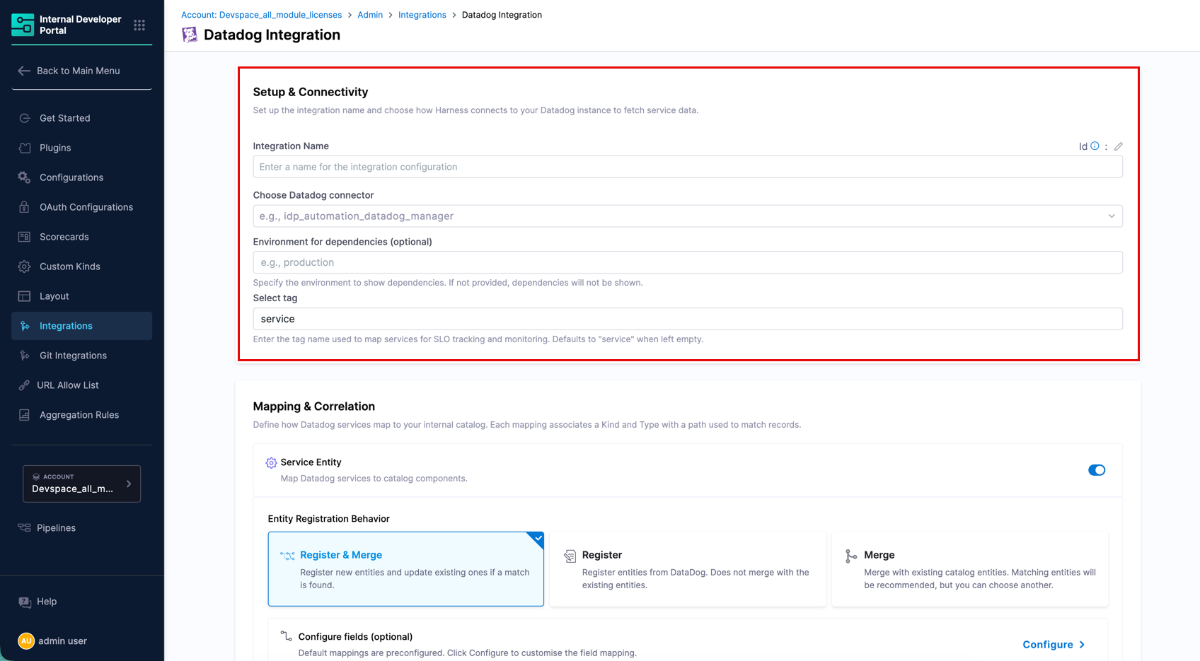 Setup &amp; Connectivity section of the Datadog Integration page