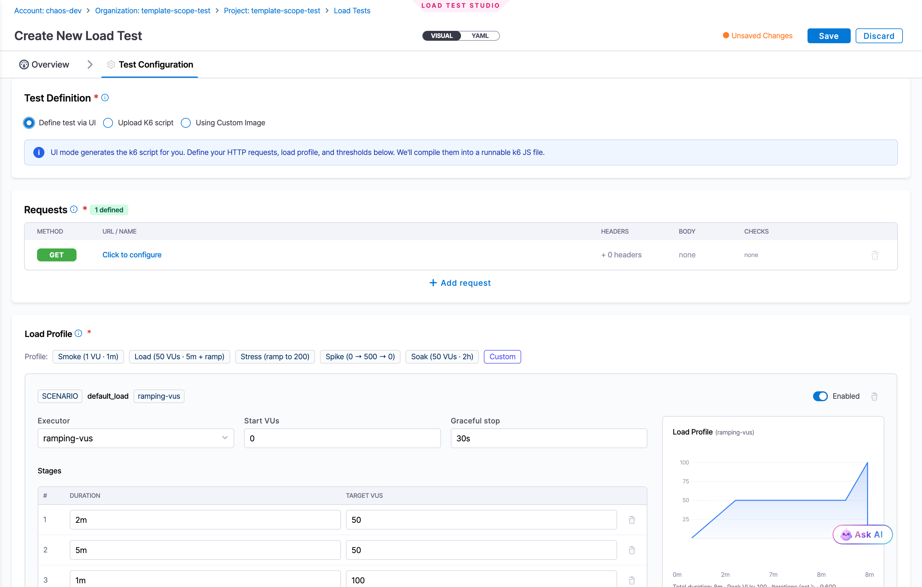 The Test Configuration tab with Define test via UI selected, showing the Requests table and the Load Profile section with a ramping-vus scenario and its stages