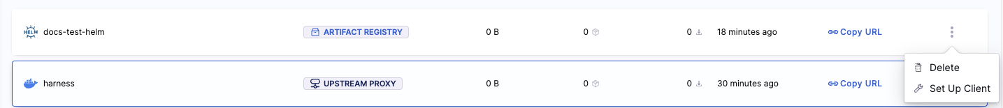 Row menu on a registry showing the Delete option