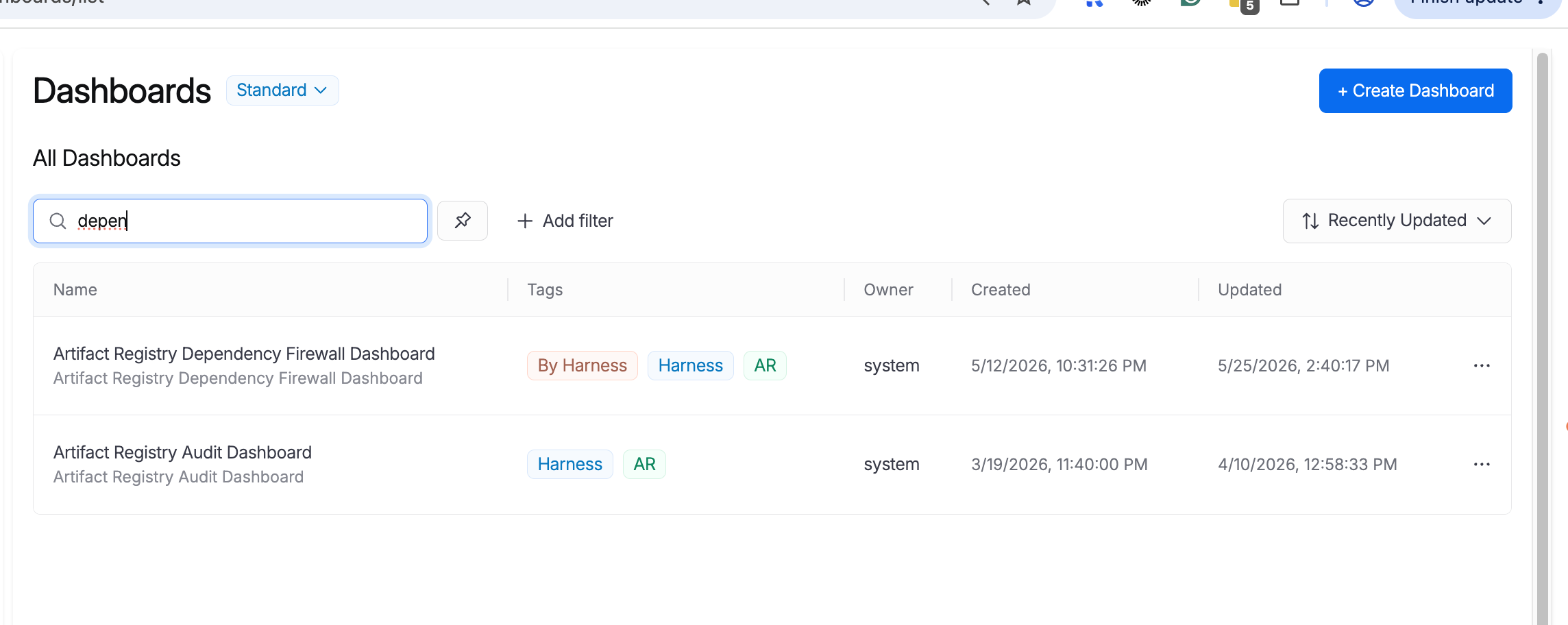 Harness Dashboards list showing the Artifact Registry Dependency Firewall Dashboard owned by system