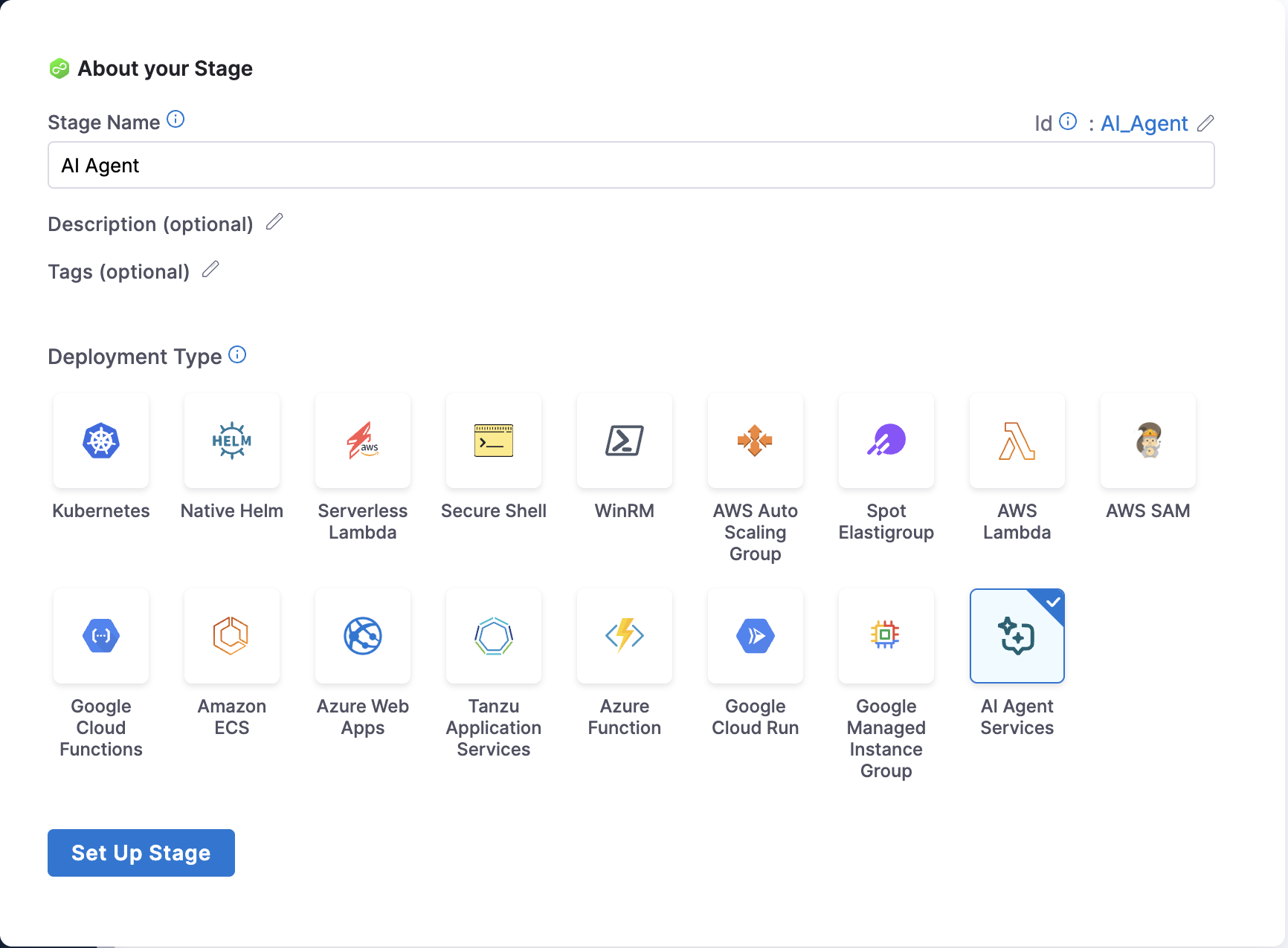 Stage deployment type selection with AI Agent Services selected