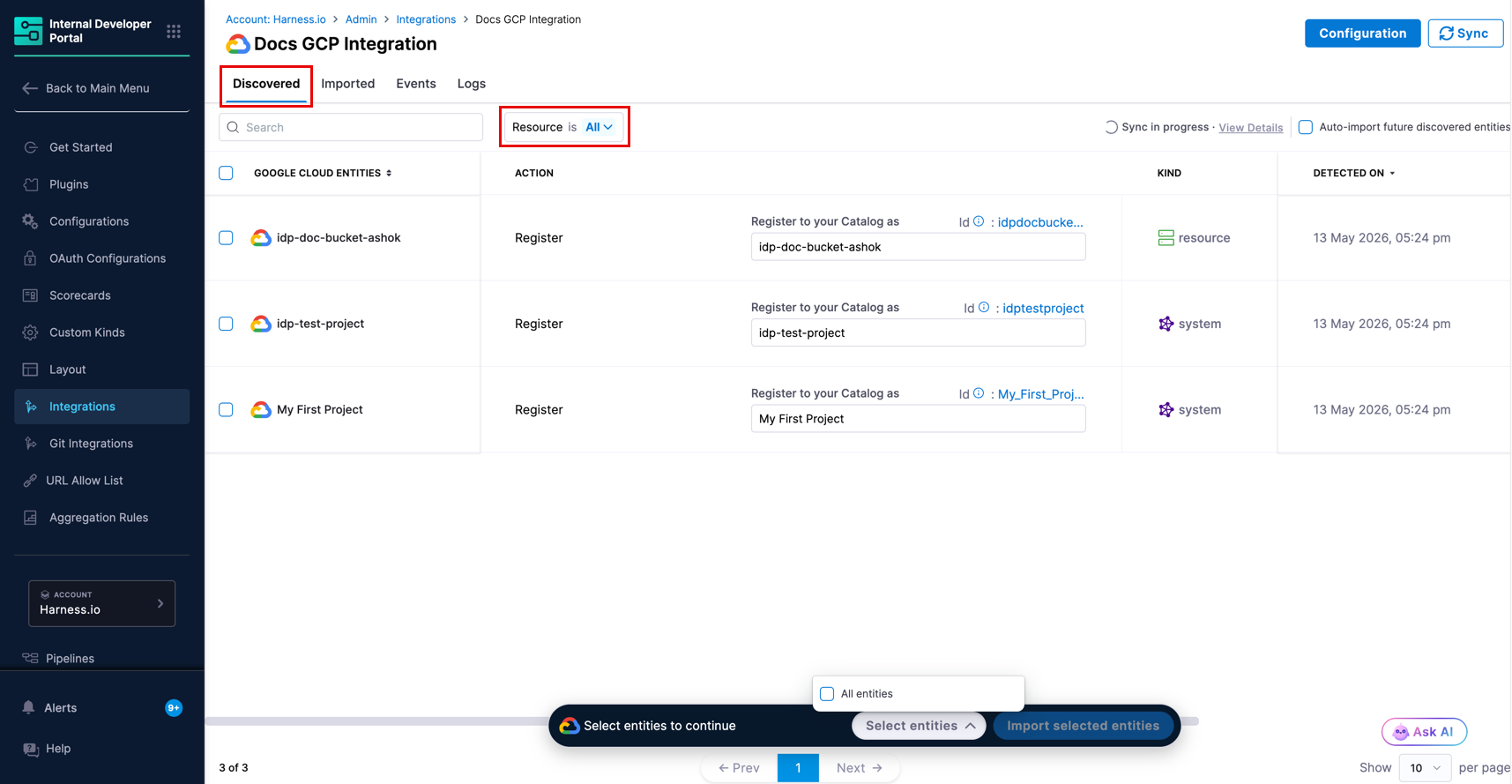 'Discovered' tab showing GCP Resources