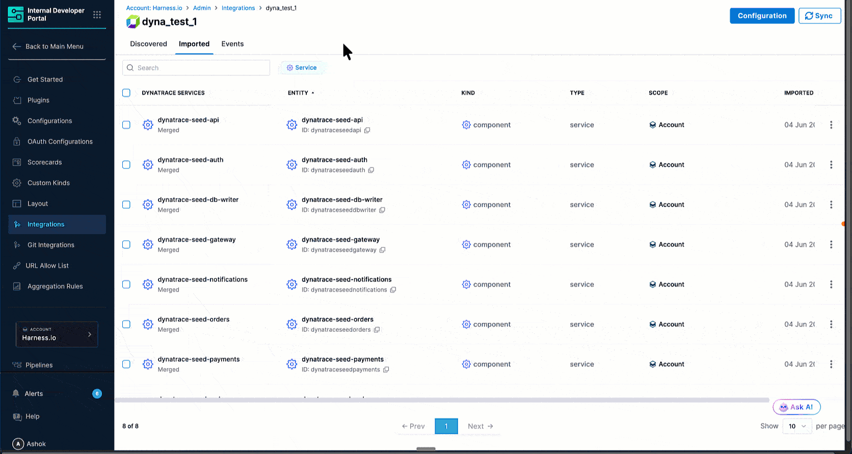 Catalog entity page for a Dynatrace-imported service