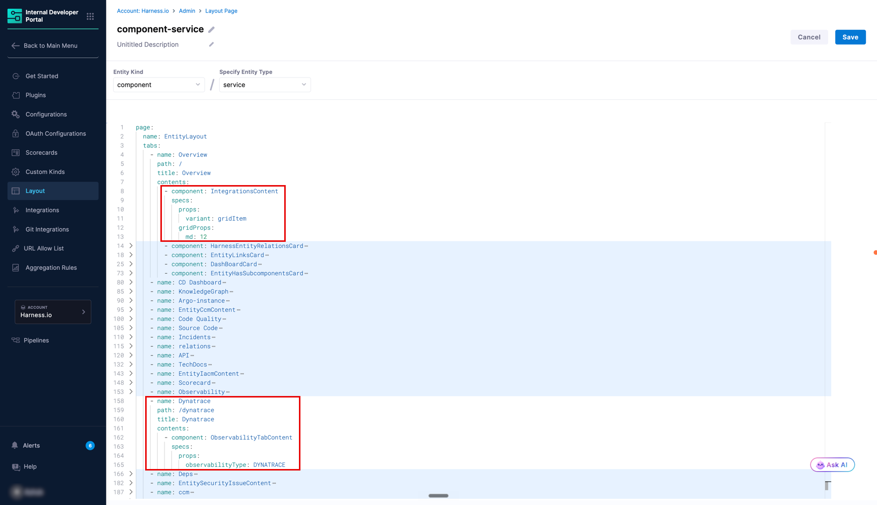 Entity Layout configuration for Dynatrace components