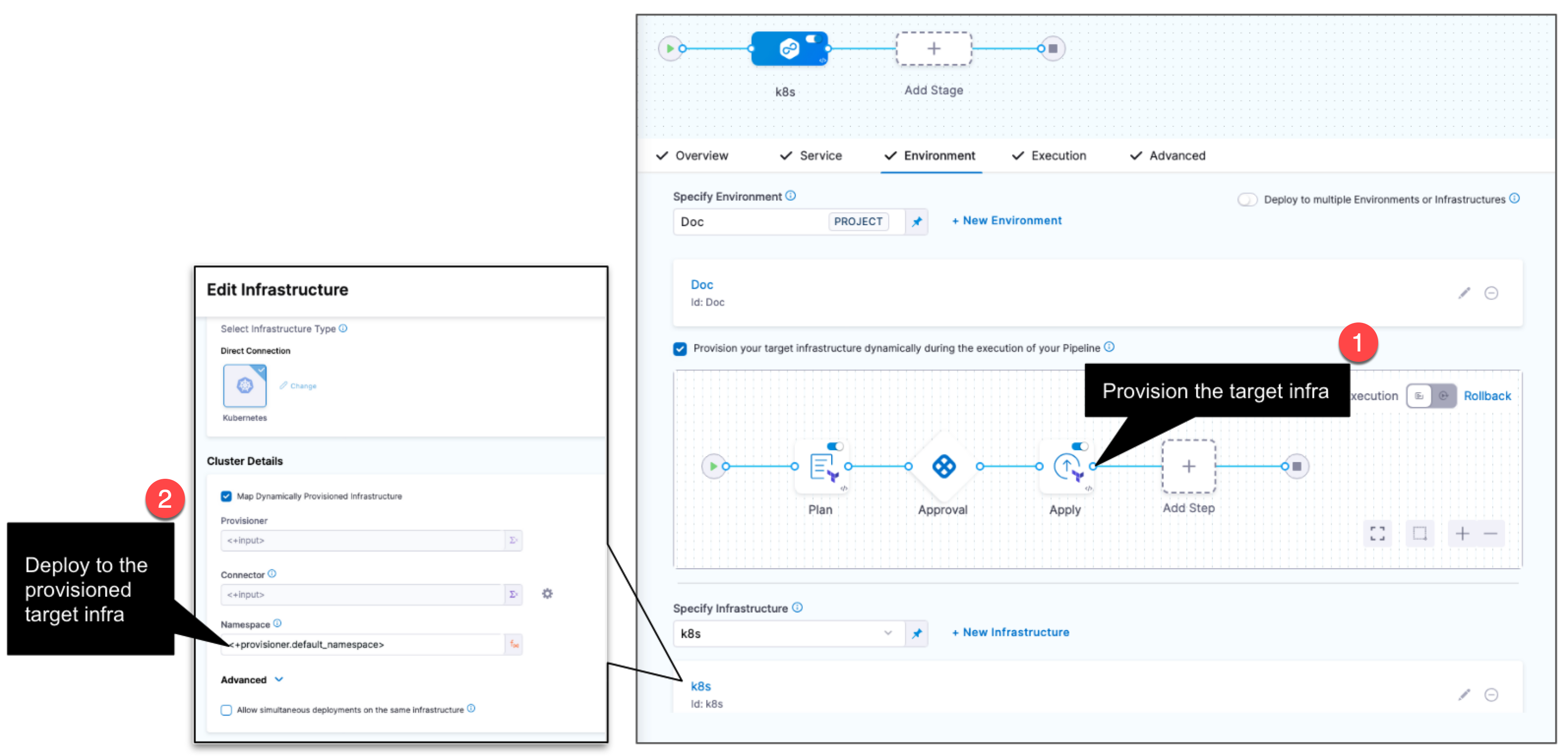 CD stage target infrastructure provisioning and mapping in the Environment section