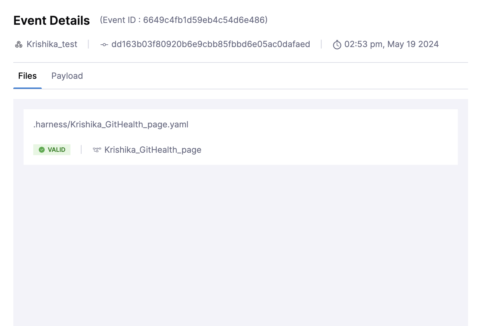 Event details showing file changes and payload
