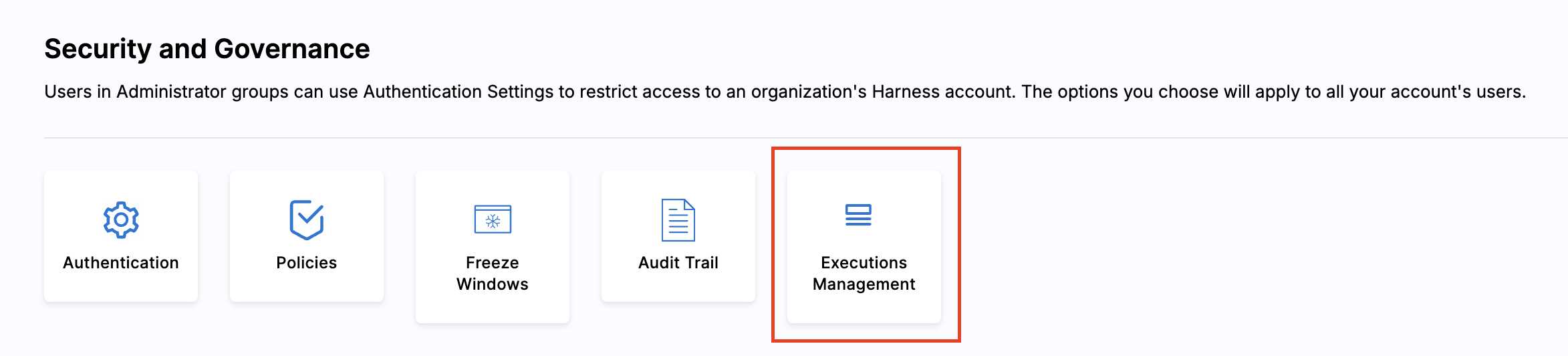 Executions Management location in Account Settings under Security and Governance