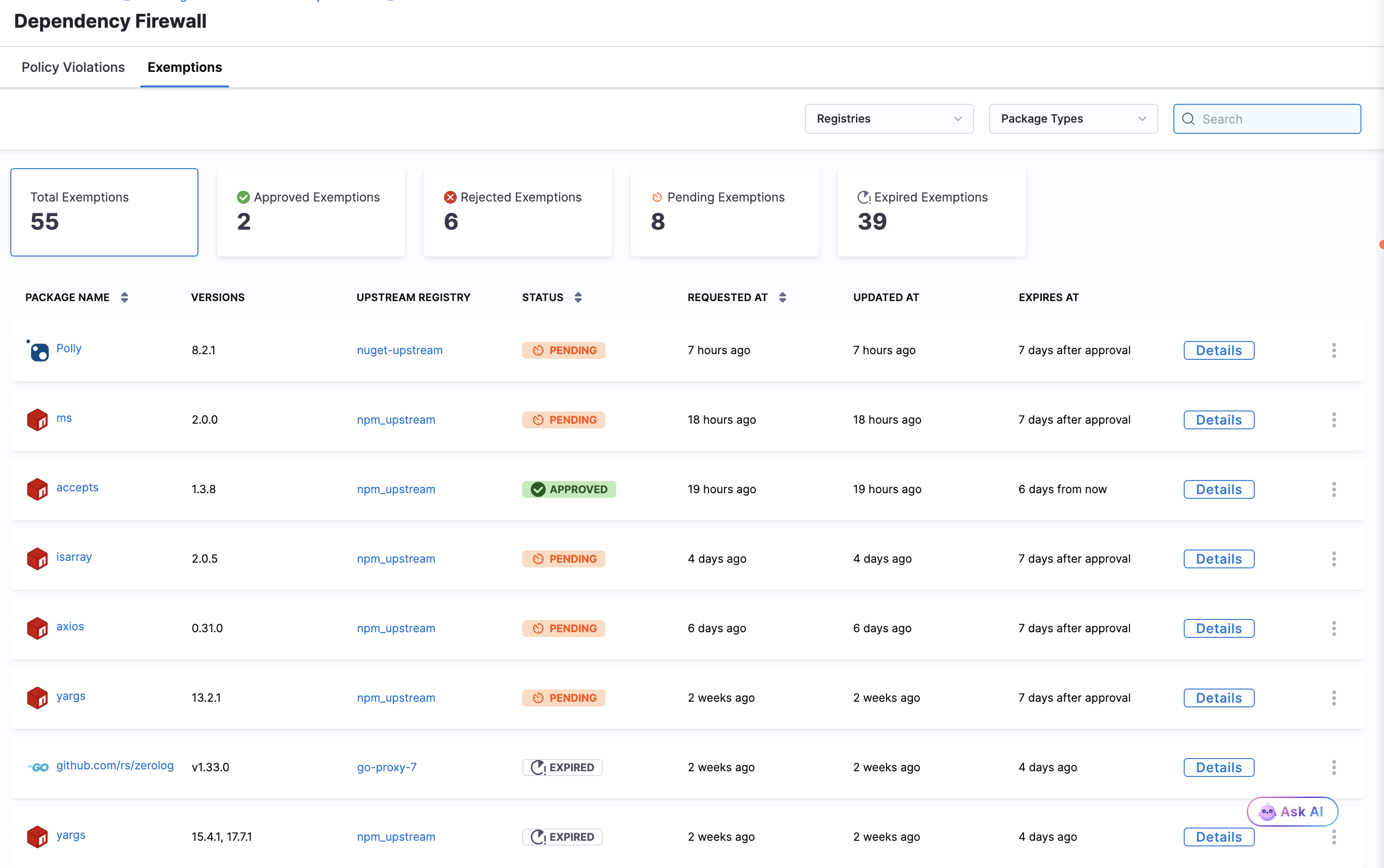 Exemptions tab showing 55 total exemptions with the lifecycle states broken down across Approved, Rejected, Pending, and Expired summary cards, and a table of requests across npm, nuget, and go upstream proxies in PENDING, APPROVED, and EXPIRED states
