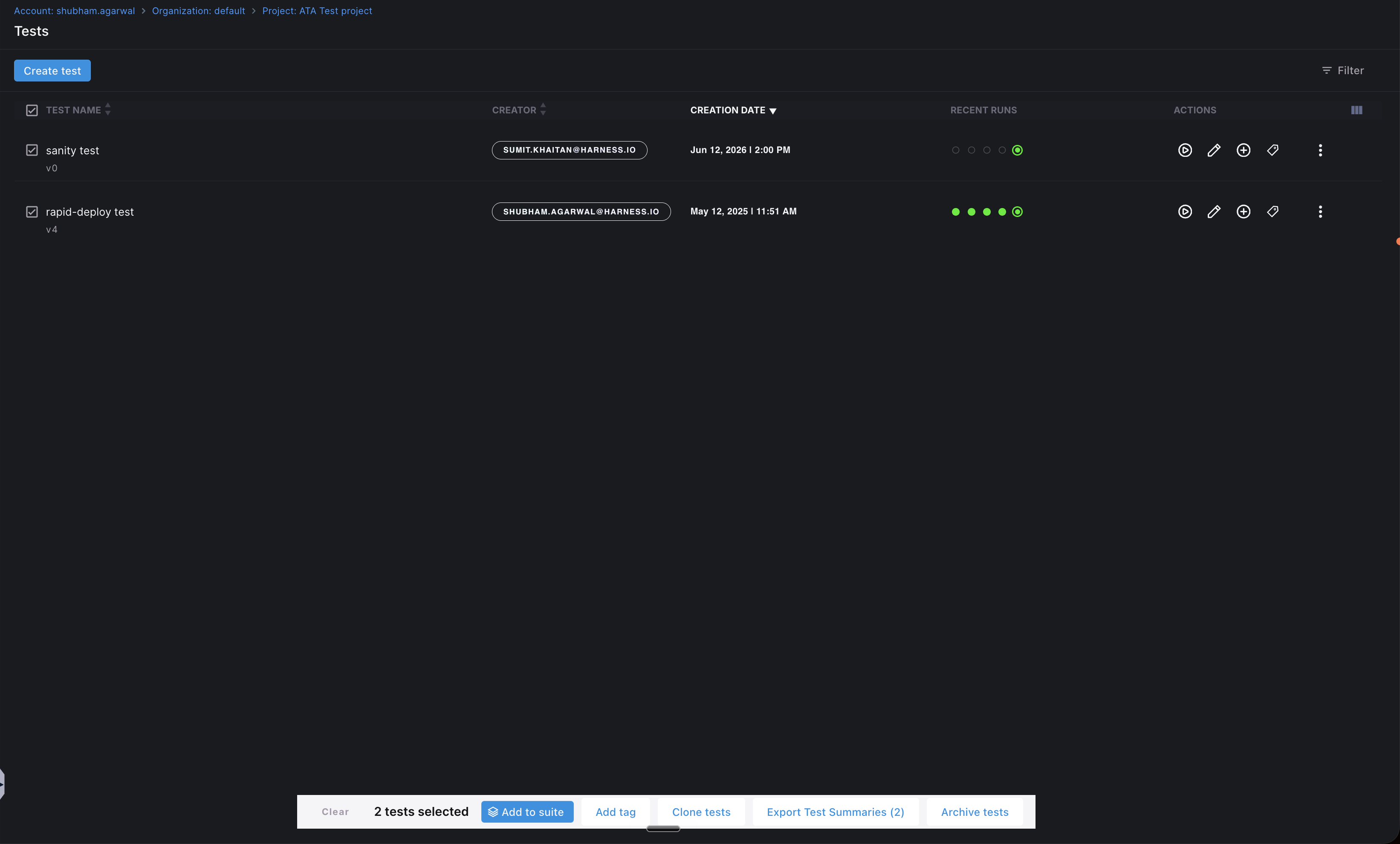Tests list with two tests selected and the bulk action bar visible at the bottom showing the Export Test Summaries (2) action