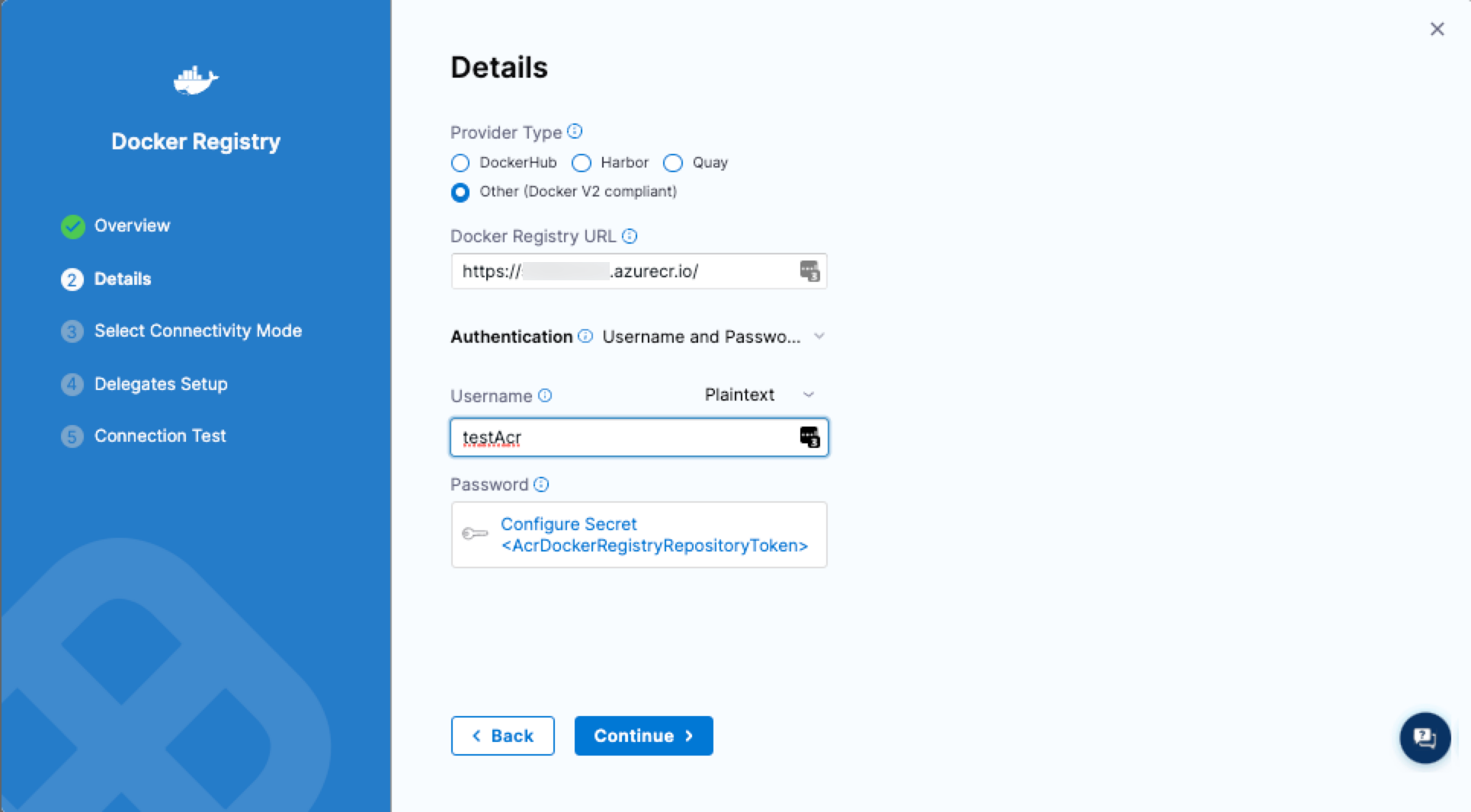 Docker Registry connector using the ACR token username and password