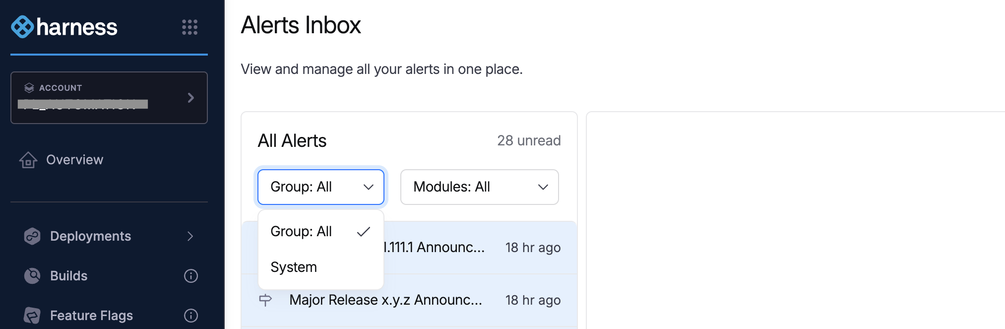 Inbox filter options including show only unread, by type, and by module