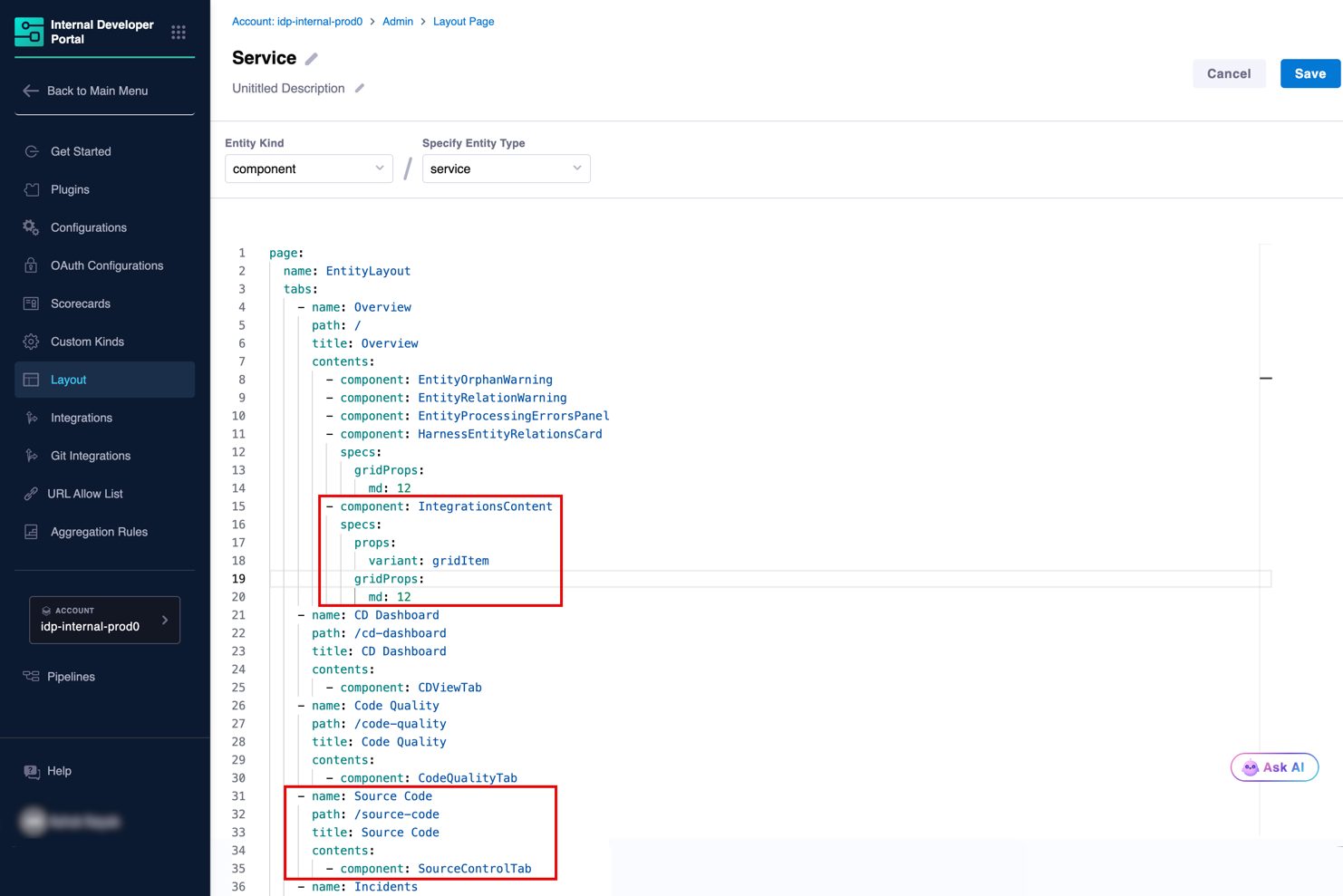 Entity Layout configuration for GitHub components