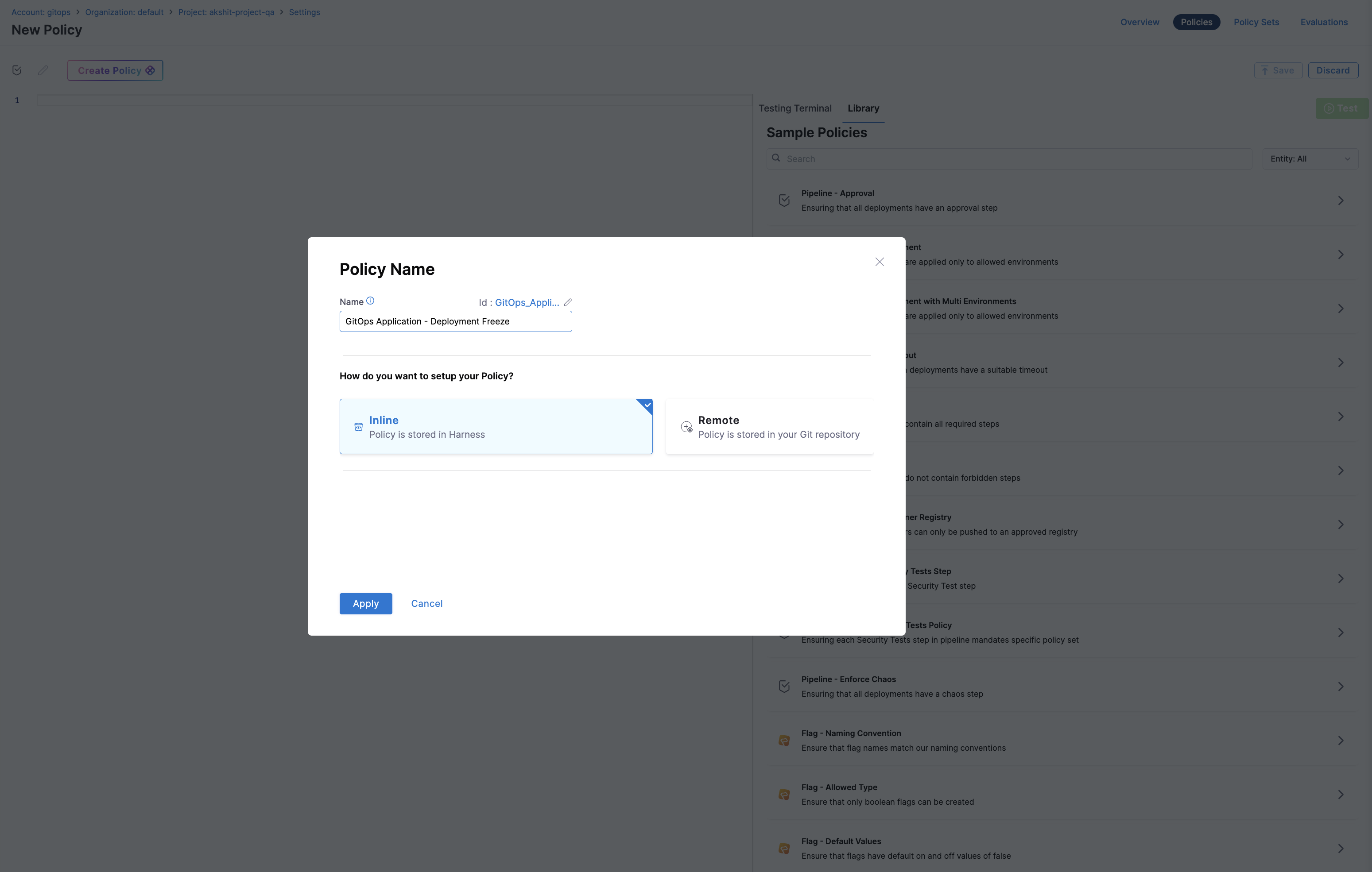 New policy dialog