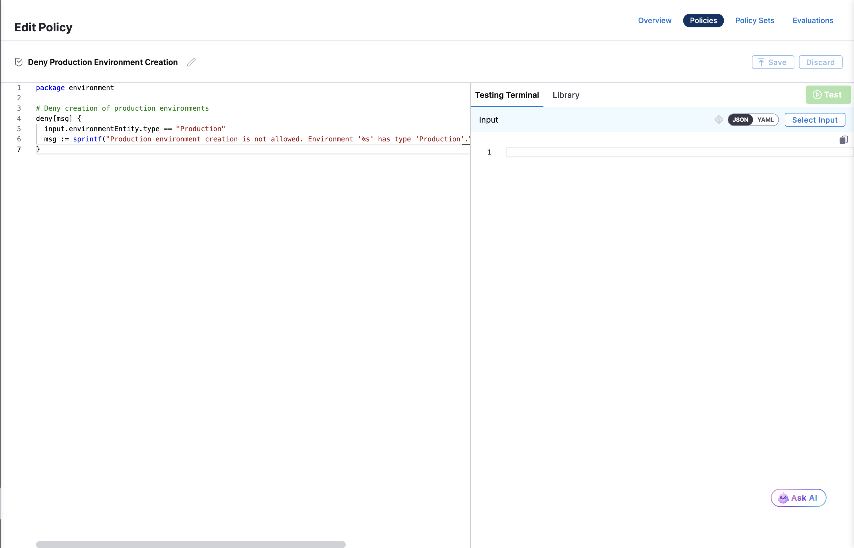 Draft policy editor with testing terminal