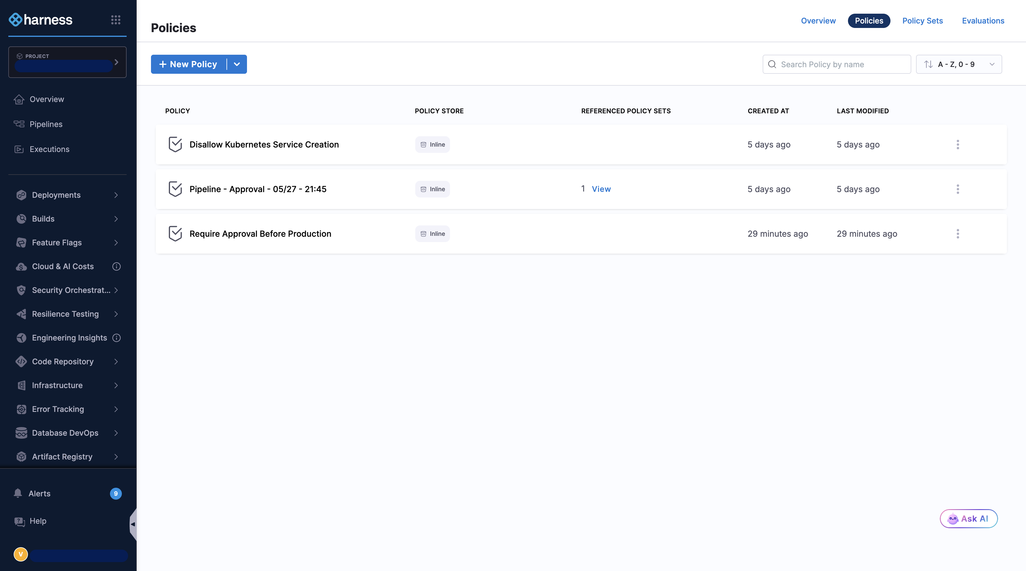 Policies page with Ask AI button