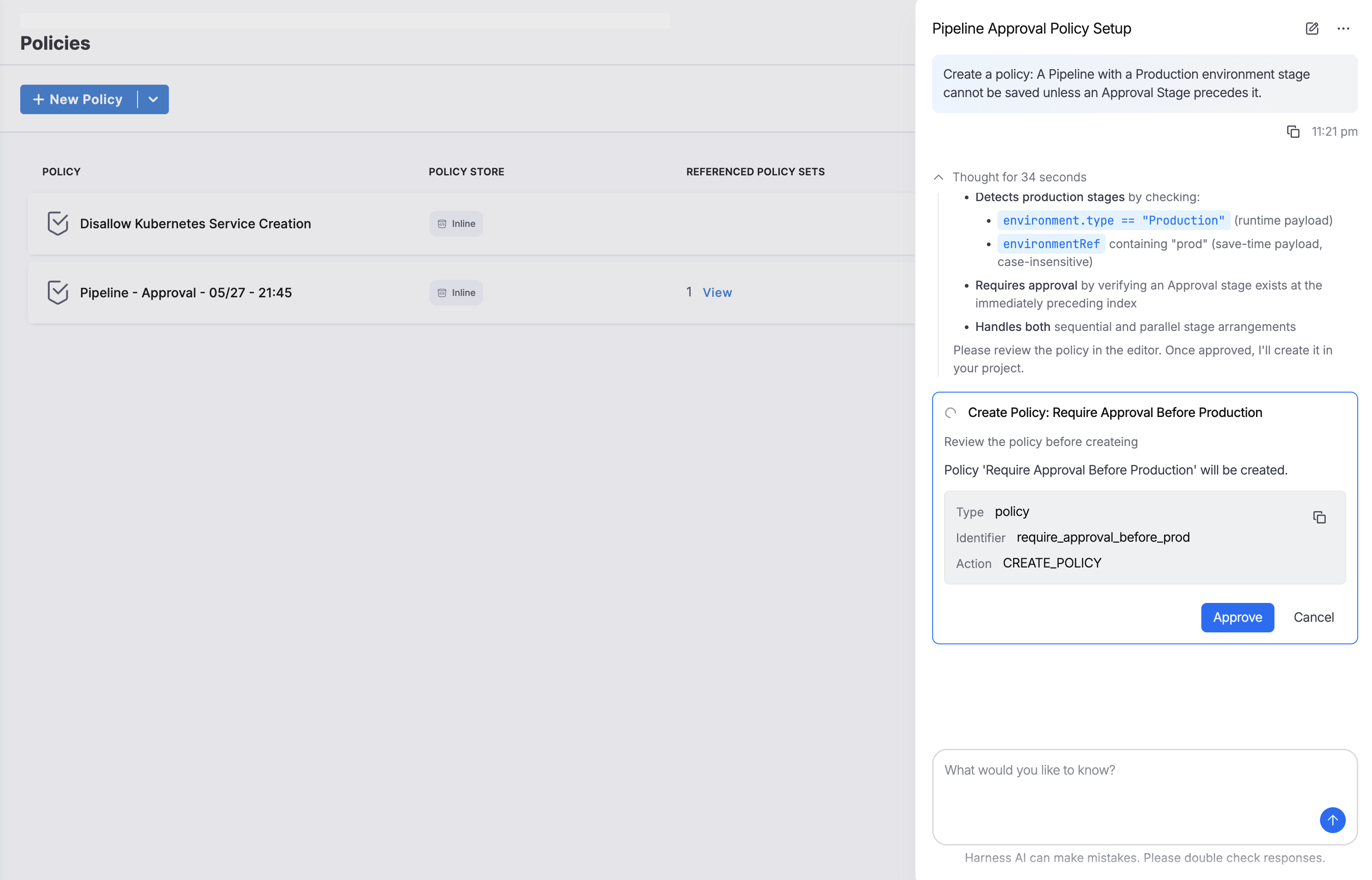 Policy creation approval dialog