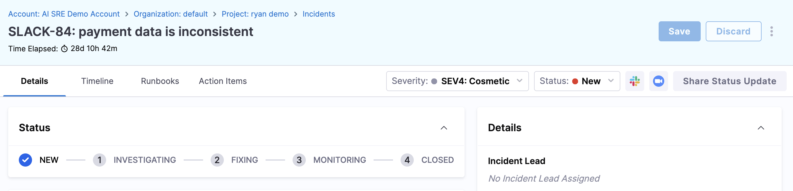 Runbooks tab on incident detail page