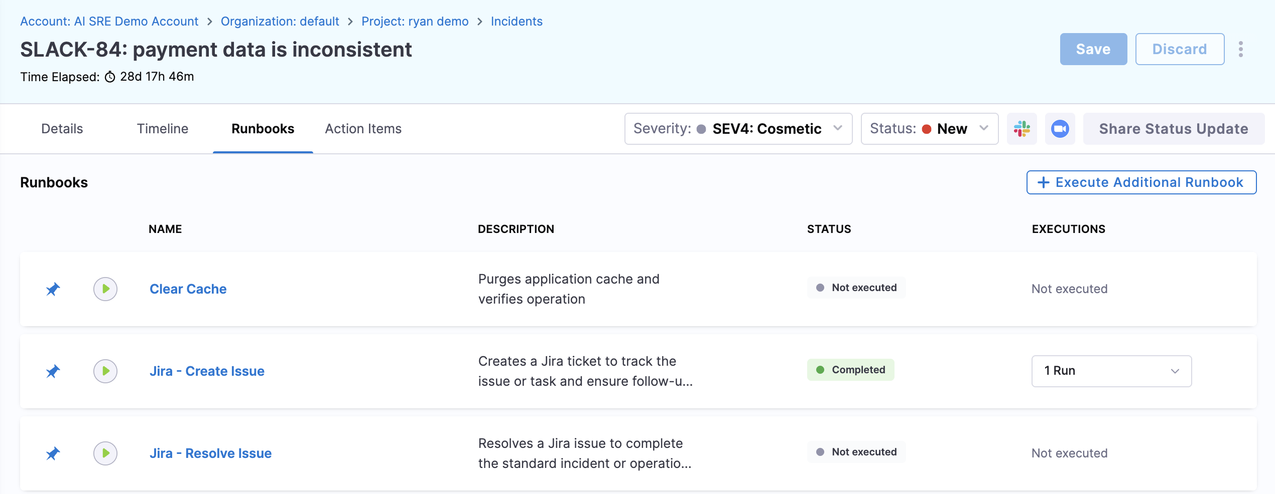Runbooks tab on incident detail page