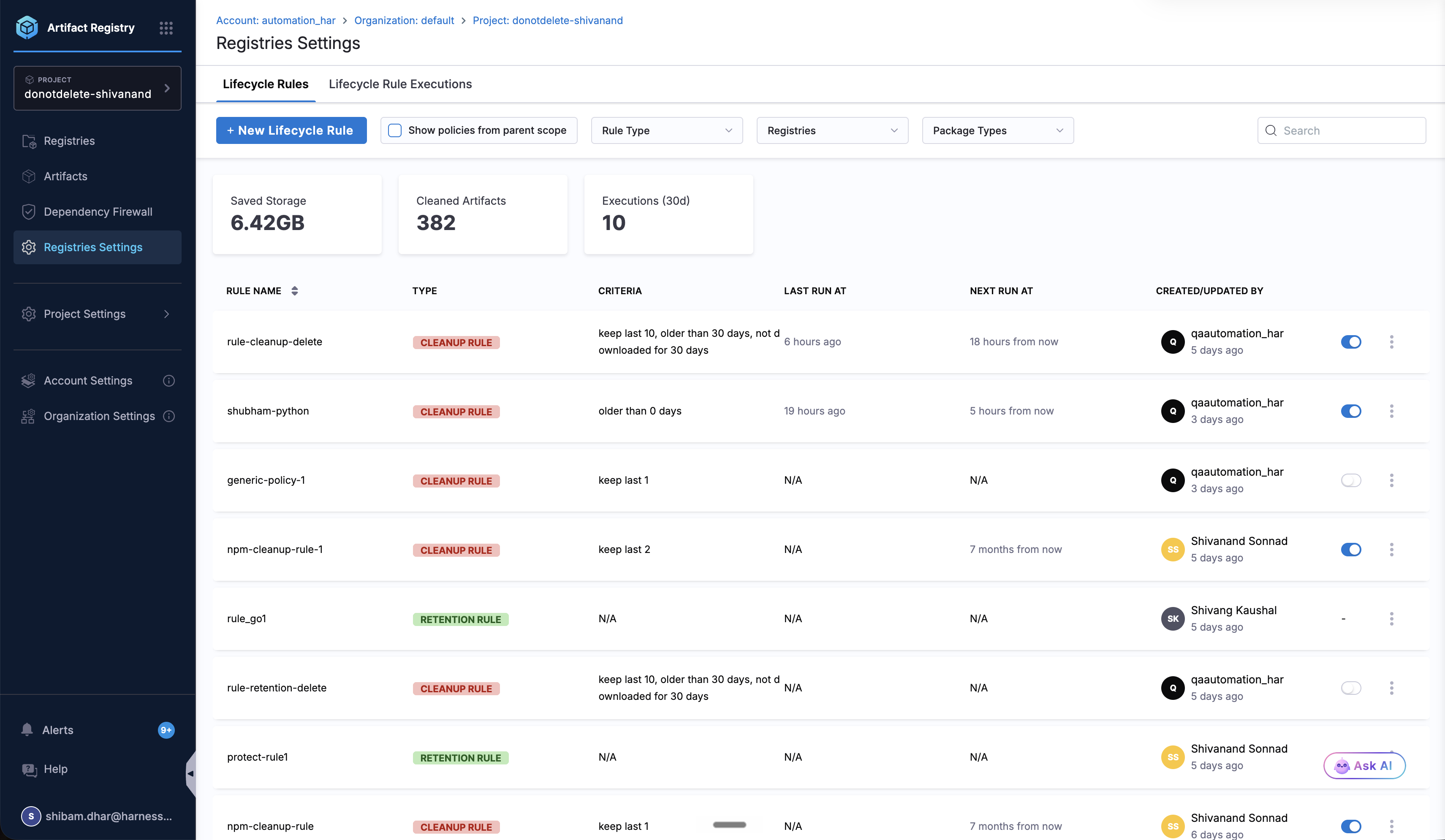 Lifecycle Rules list view showing cleanup and retention rules with status, scope, and attached registries