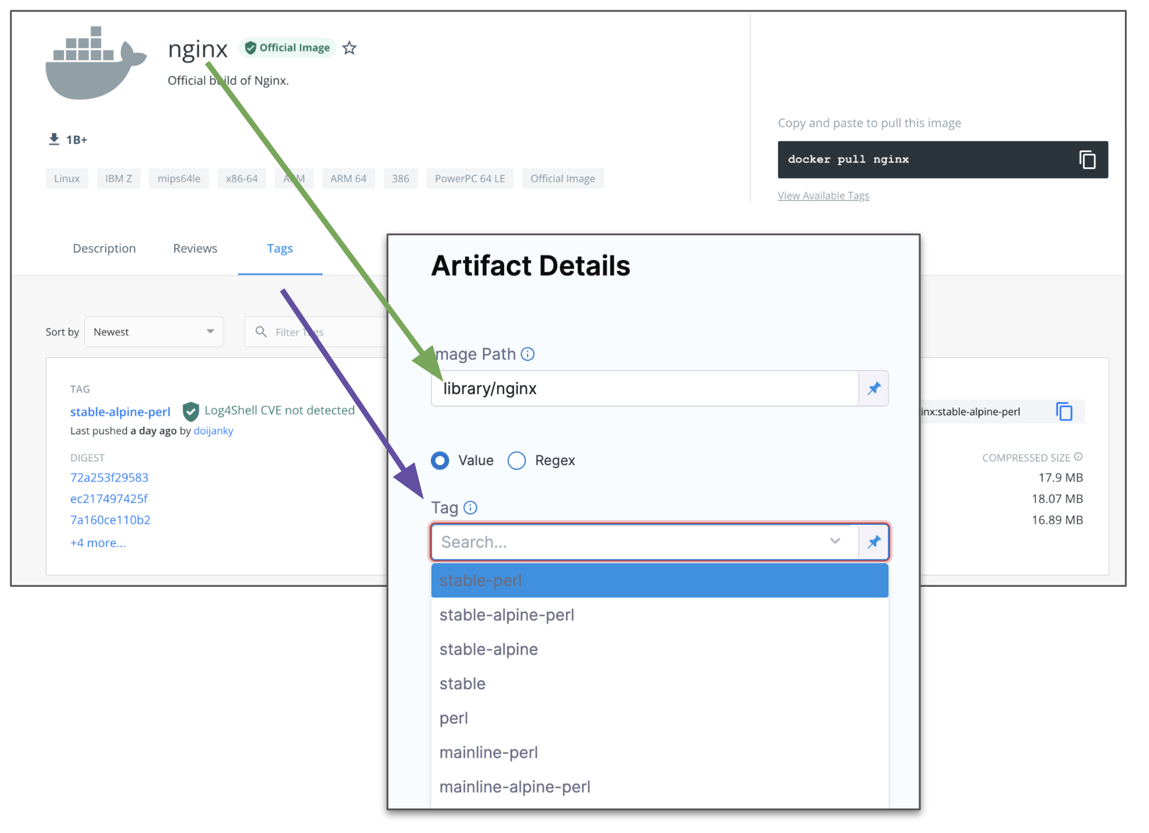 Docker artifact details with the image path and tag