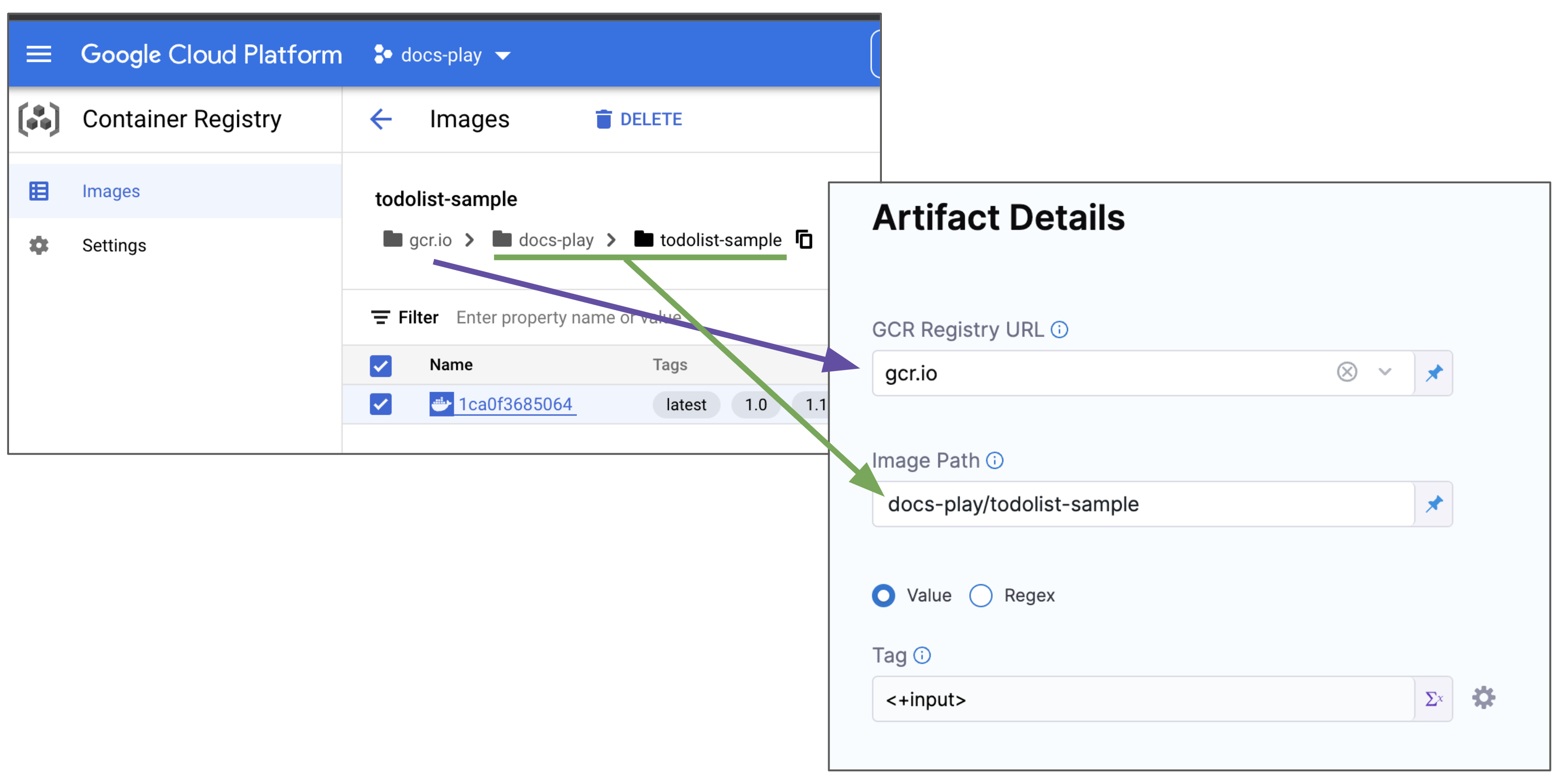 GCR artifact details with the registry URL, image path, and tag