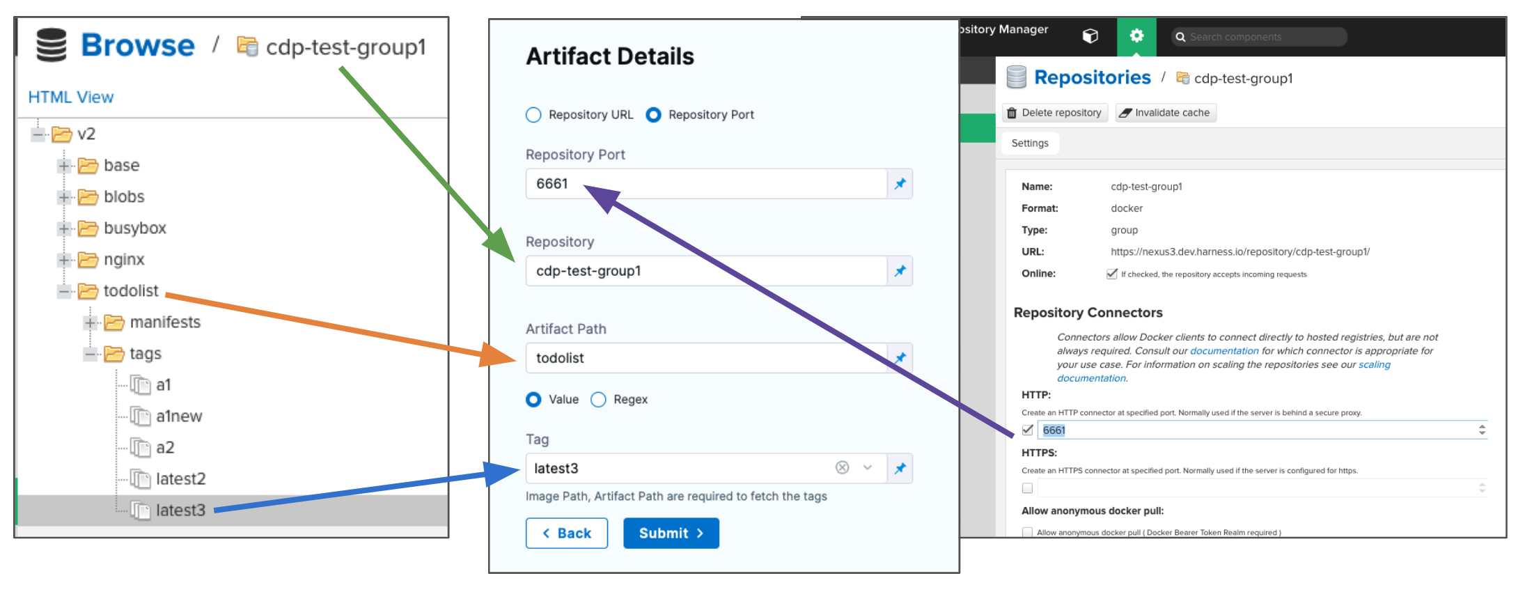 Nexus artifact details with the repository, artifact path, and tag