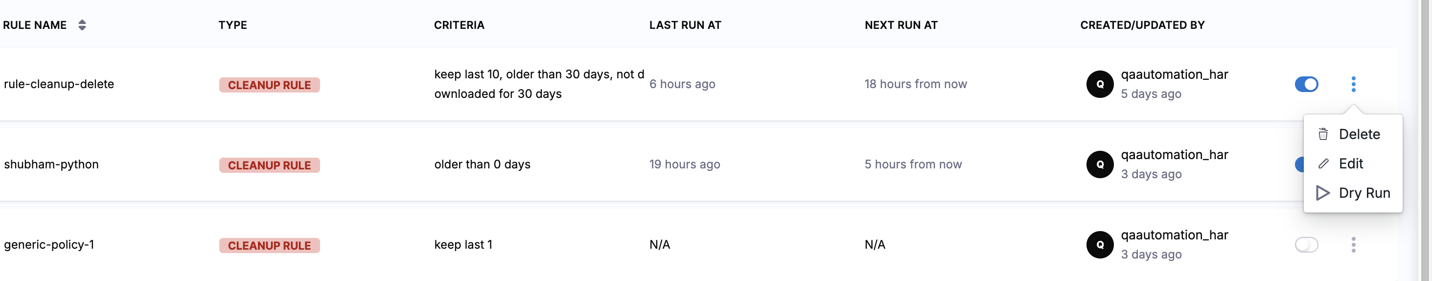 Three-dot actions menu on a lifecycle rule showing Edit, Delete, and Dry Run options