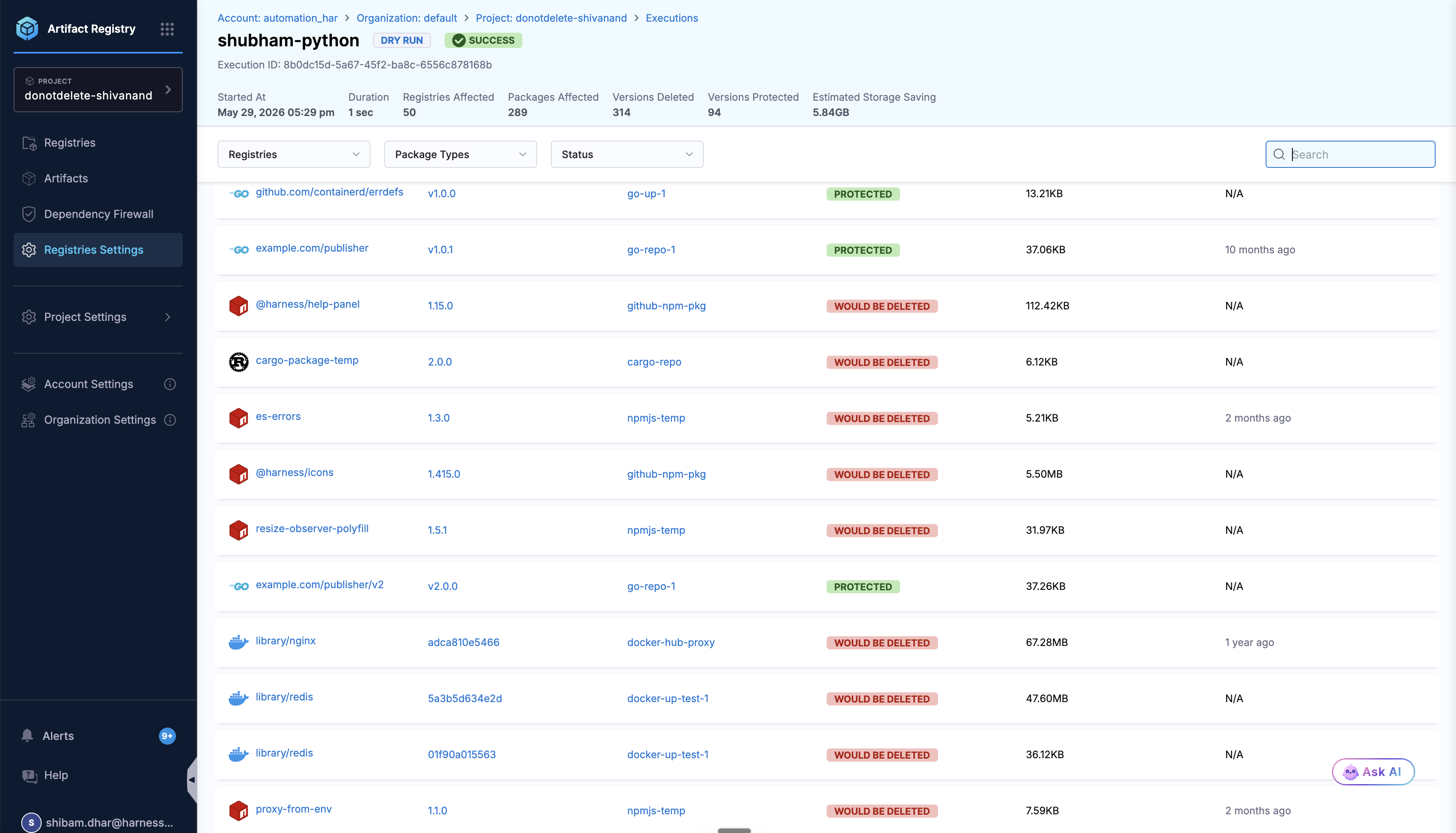 Dry run execution detail showing metrics and artifact table with WOULD BE DELETED and PROTECTED statuses