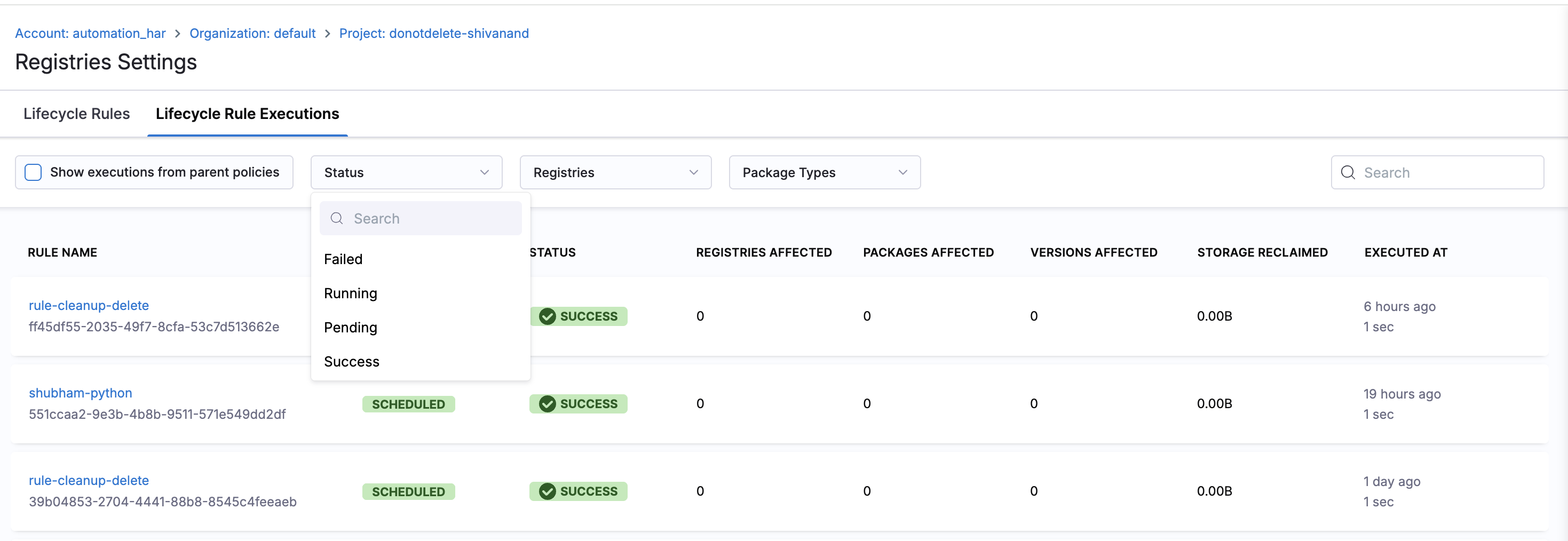Lifecycle Rule Executions tab showing execution history with status, registries affected, versions affected, and storage reclaimed