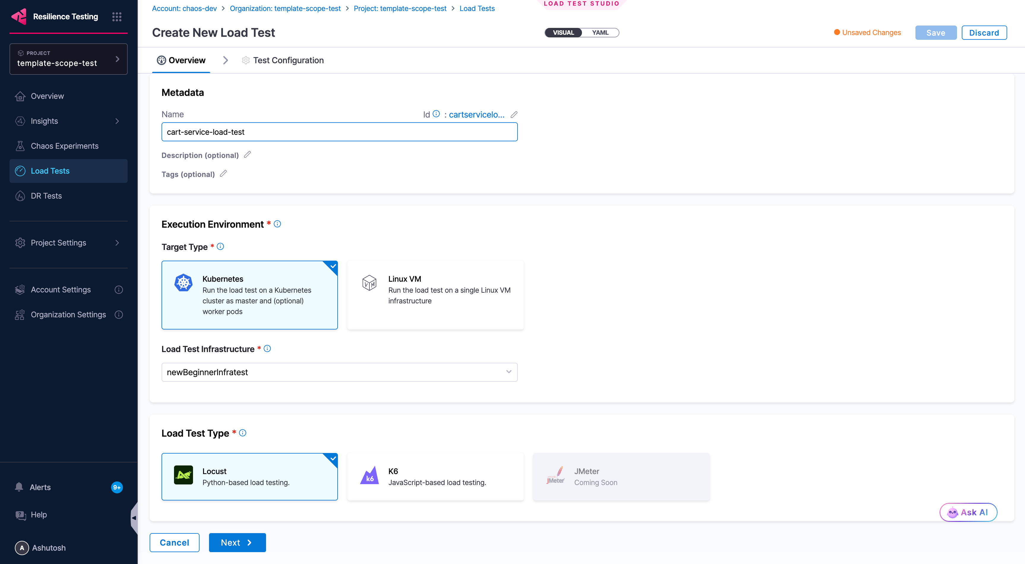 The Overview tab showing the Metadata fields, the Execution Environment with Kubernetes and Linux VM target types, the Load Test Infrastructure dropdown, and Locust selected as the Load Test Type