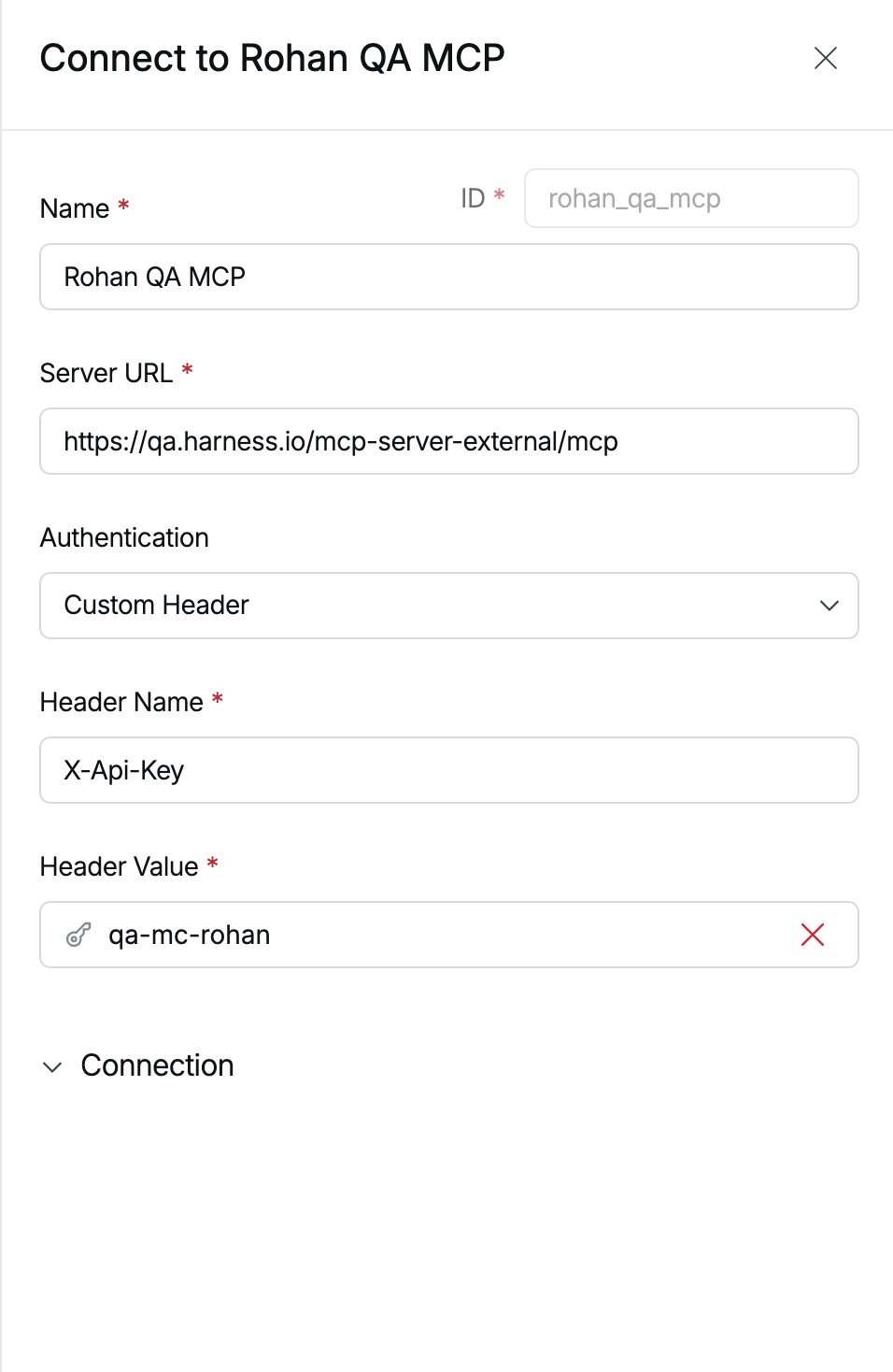 MCP Server Connector configuration showing server URL, authentication type, header name, and header value fields