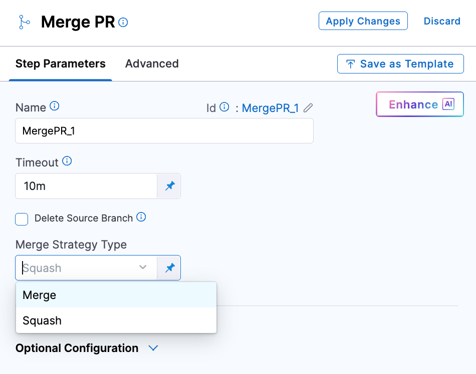 Merge PR step configuration showing Merge Strategy Type dropdown