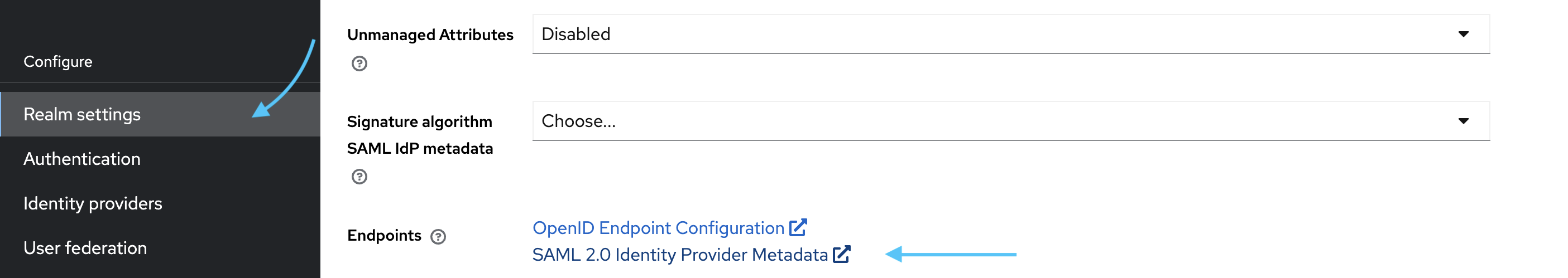 Keycloak Realm settings Endpoints tab with SAML 2.0 Identity Provider Metadata link