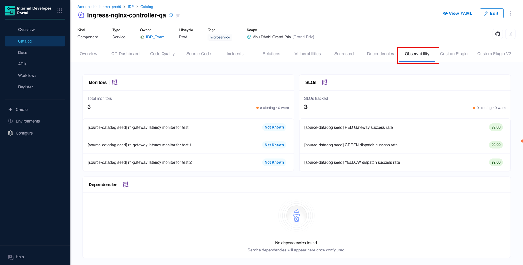 Observability tab showing full resource details