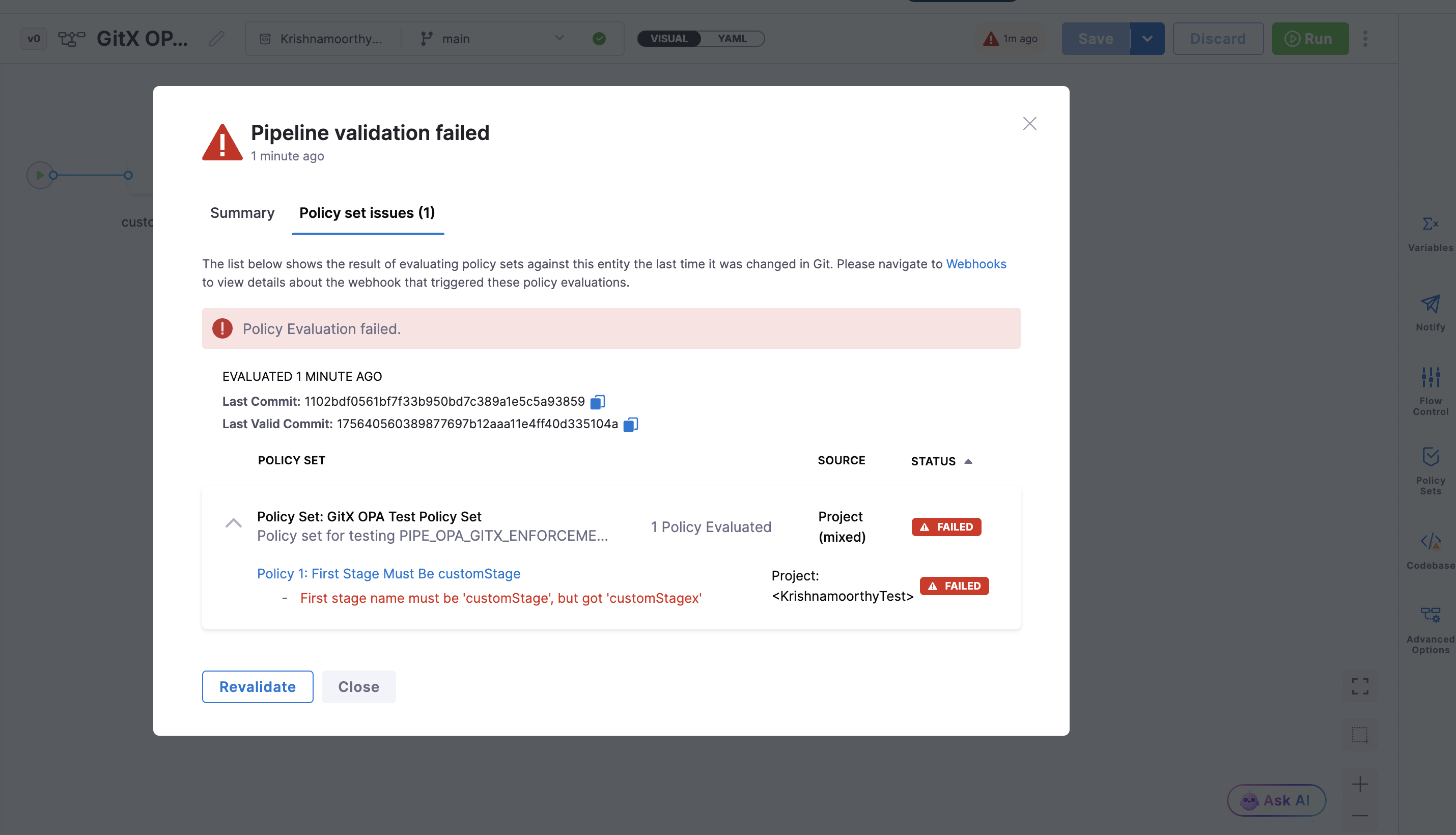 Validation result modal showing OPA onSave policy set issues, Last Commit, and Last Valid Commit