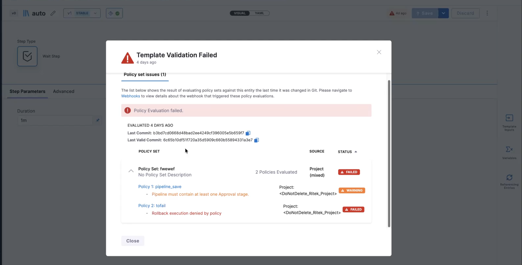 Template Validation Failed modal showing OPA onSave policy set issues for a Git-backed template