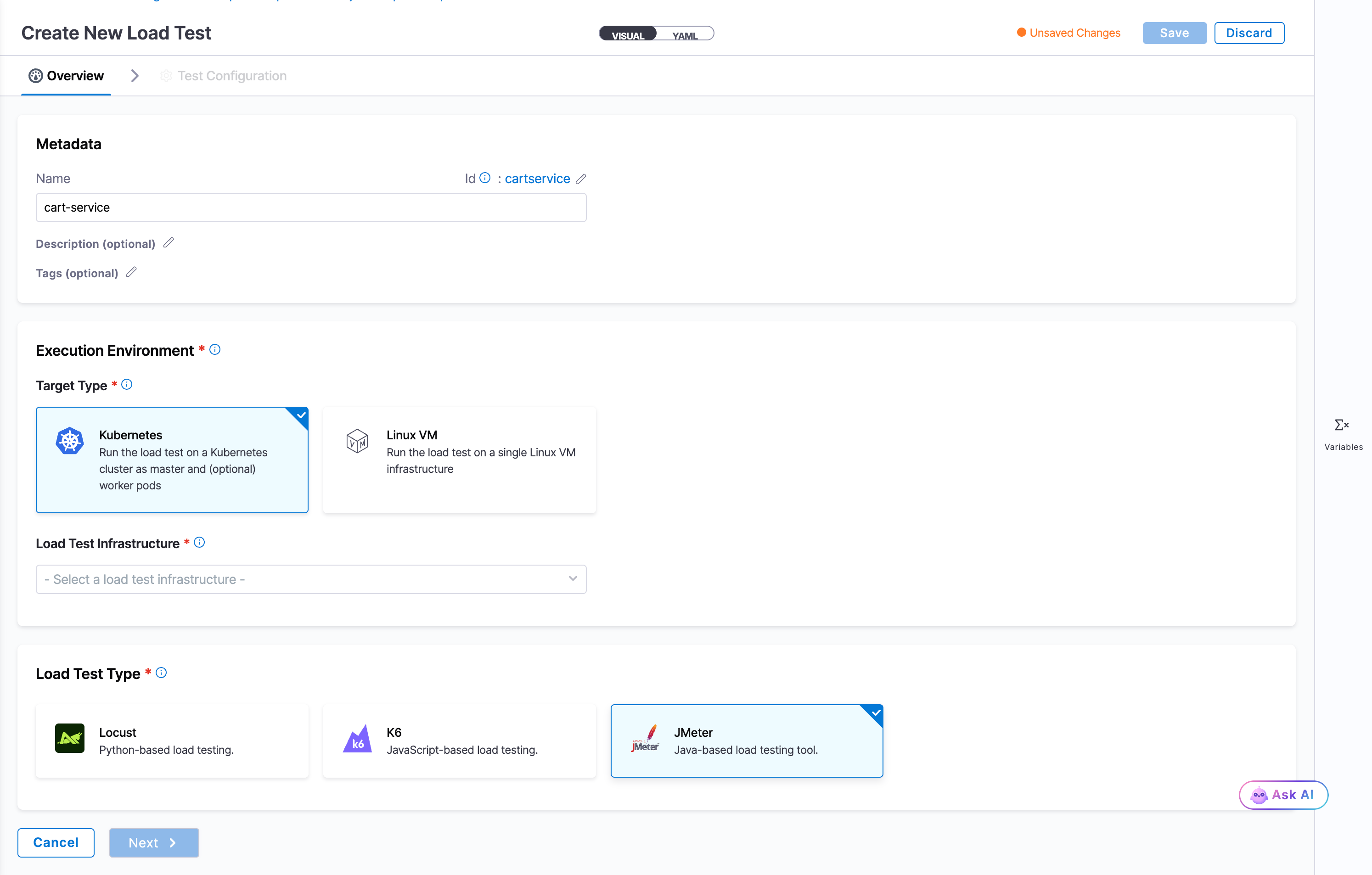 The Overview tab showing the Metadata fields, the Execution Environment with Kubernetes and Linux VM target types, the Load Test Infrastructure dropdown, and JMeter selected as the Load Test Type