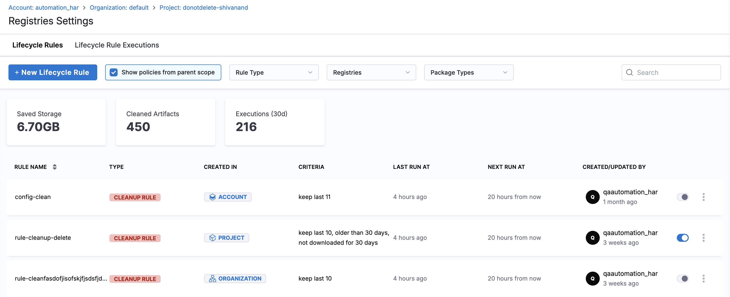 Lifecycle Rules tab with Show policies from parent scope checked, showing rules from Account, Organization, and Project scopes
