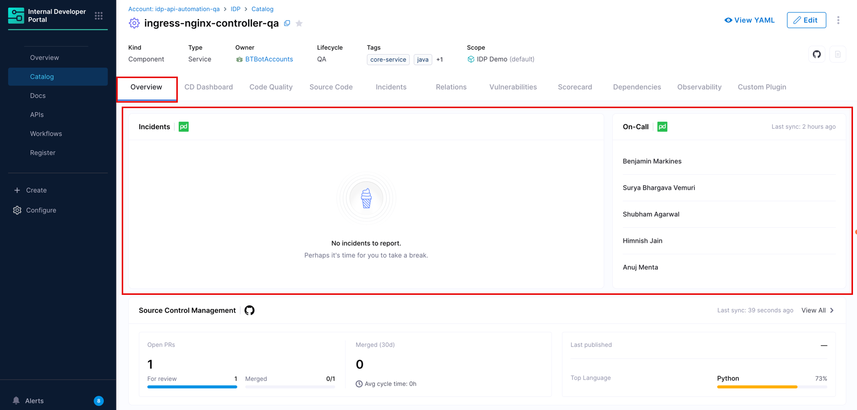 PagerDuty Cards on the Overview tab