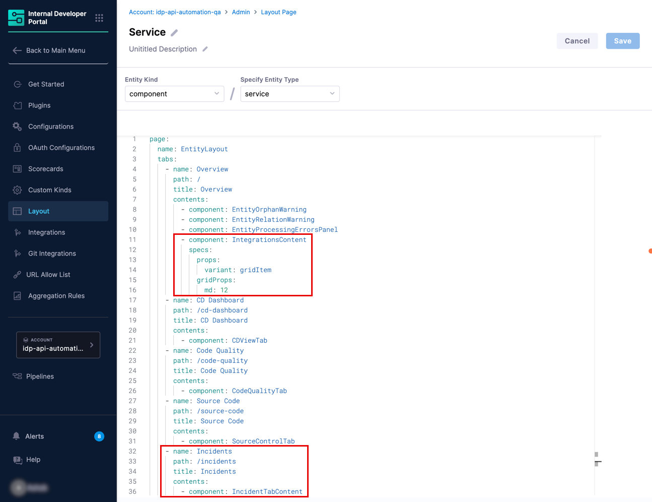 Entity Layout configuration for PagerDuty components