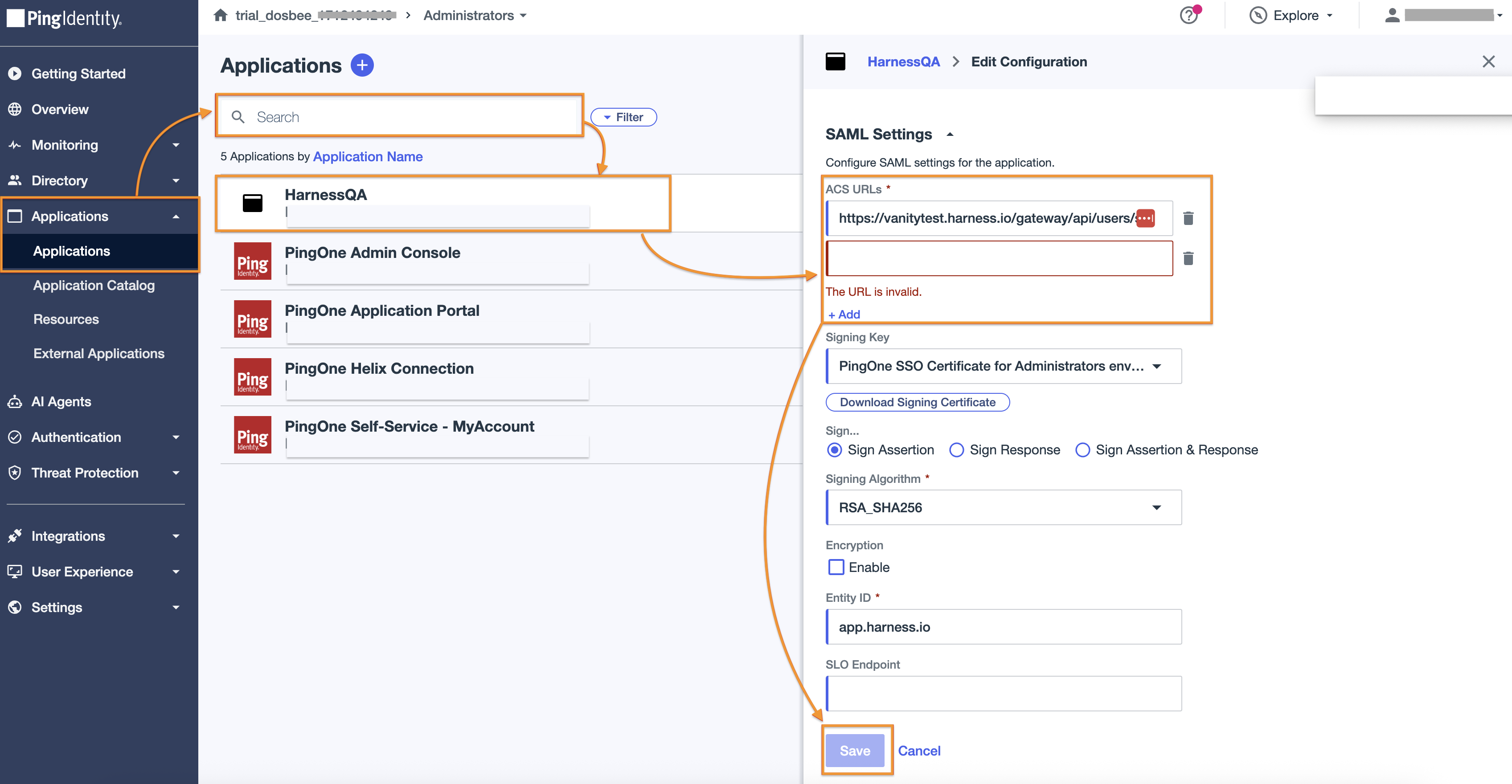 PingOne ACS URL configuration