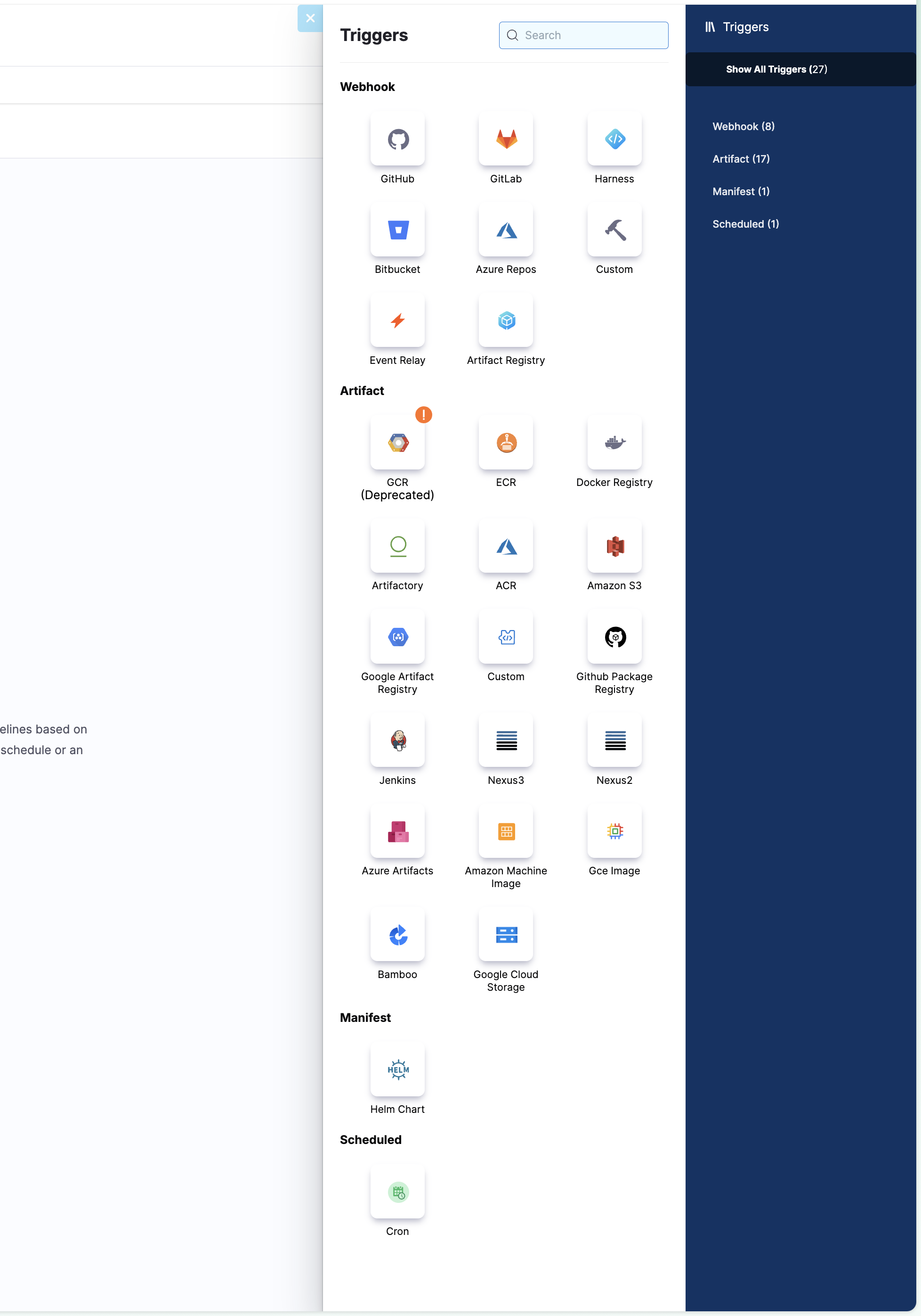 Harness pipeline trigger catalog showing webhook, artifact, manifest, and scheduled trigger options